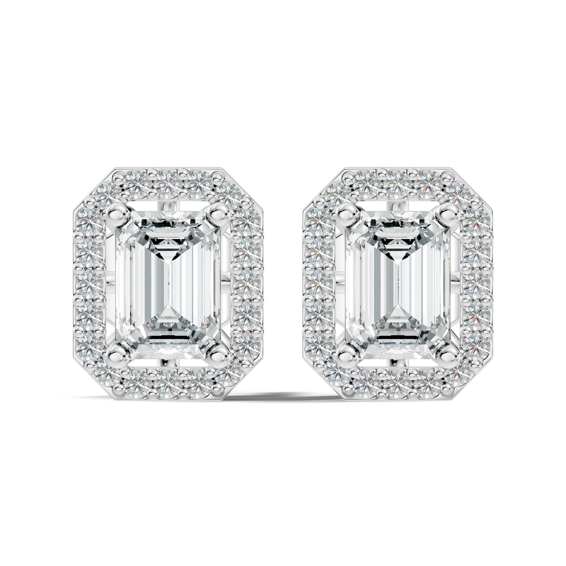 Emerald Cut Solitaire & Diamond Octagon Halo Stud