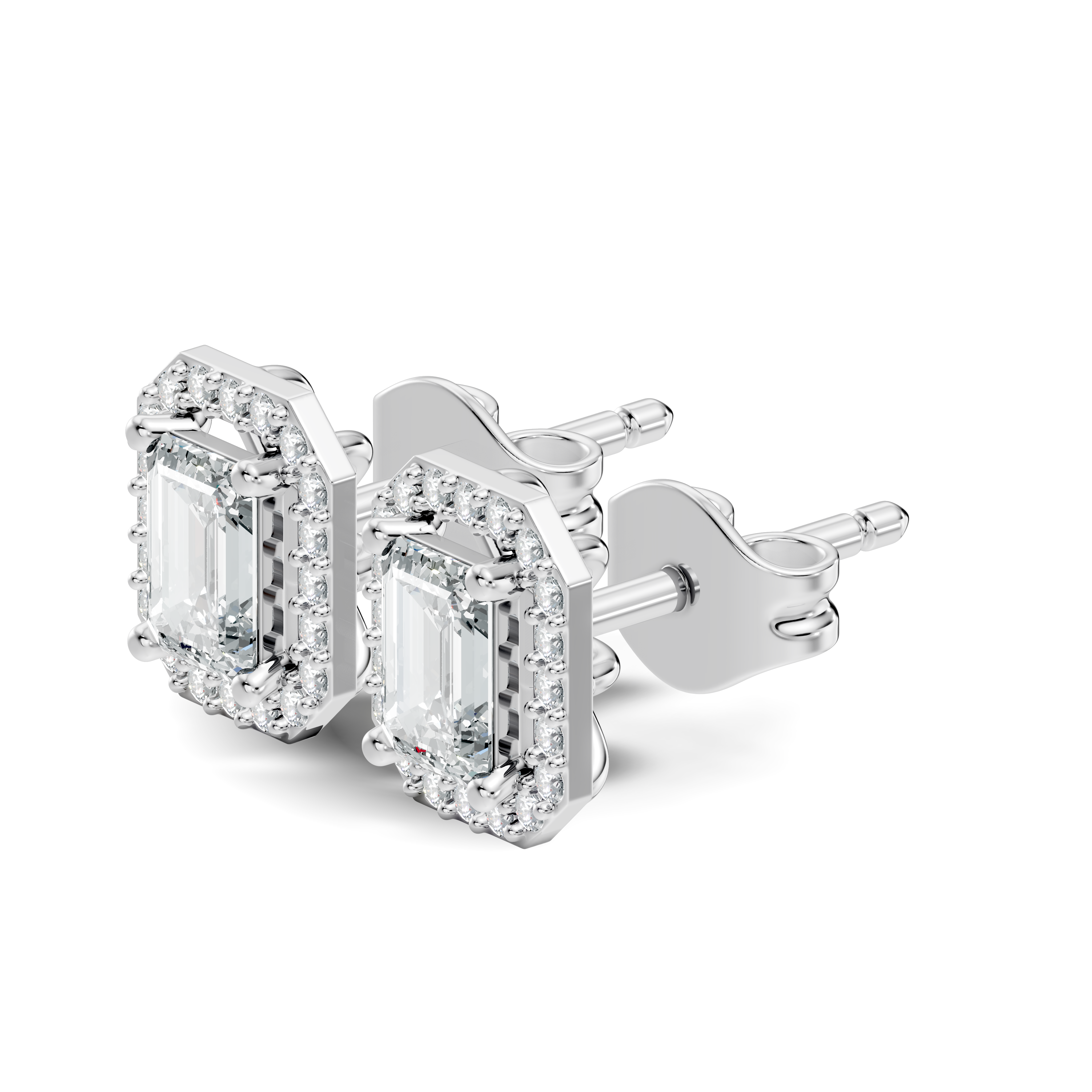 Emerald Cut Solitaire & Diamond Octagon Halo Stud