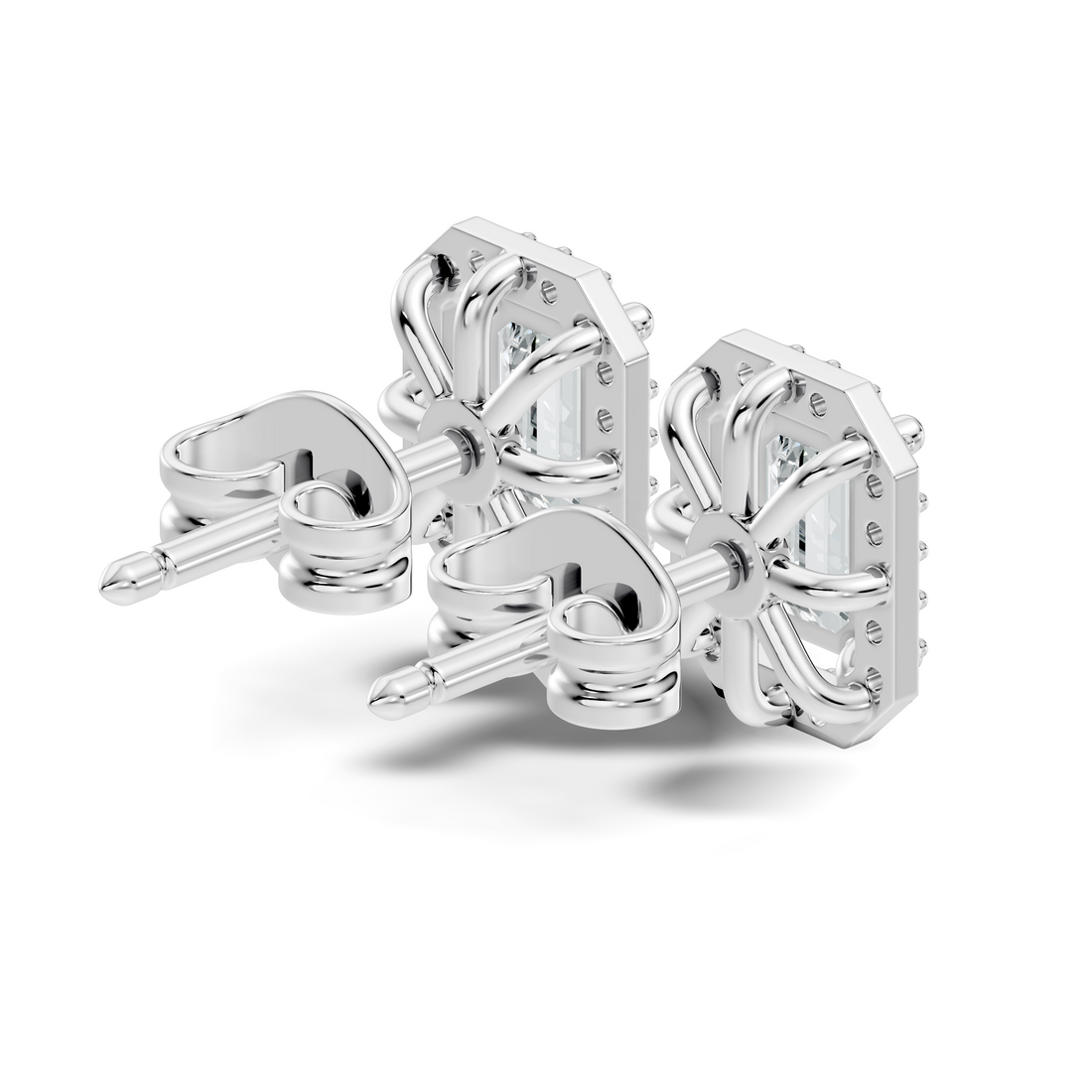 Emerald Cut Solitaire & Diamond Octagon Halo Stud