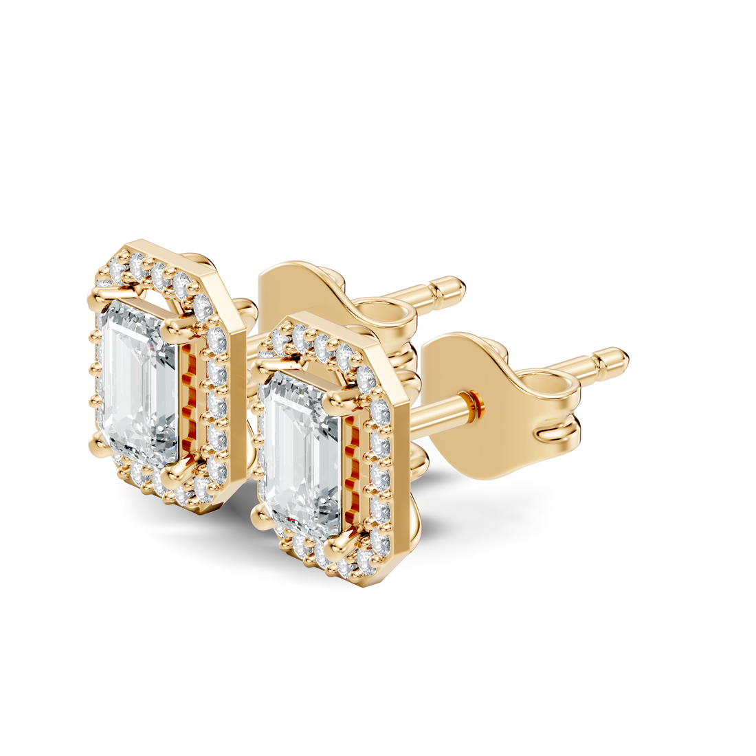 Emerald Cut Solitaire & Diamond Octagon Halo Stud