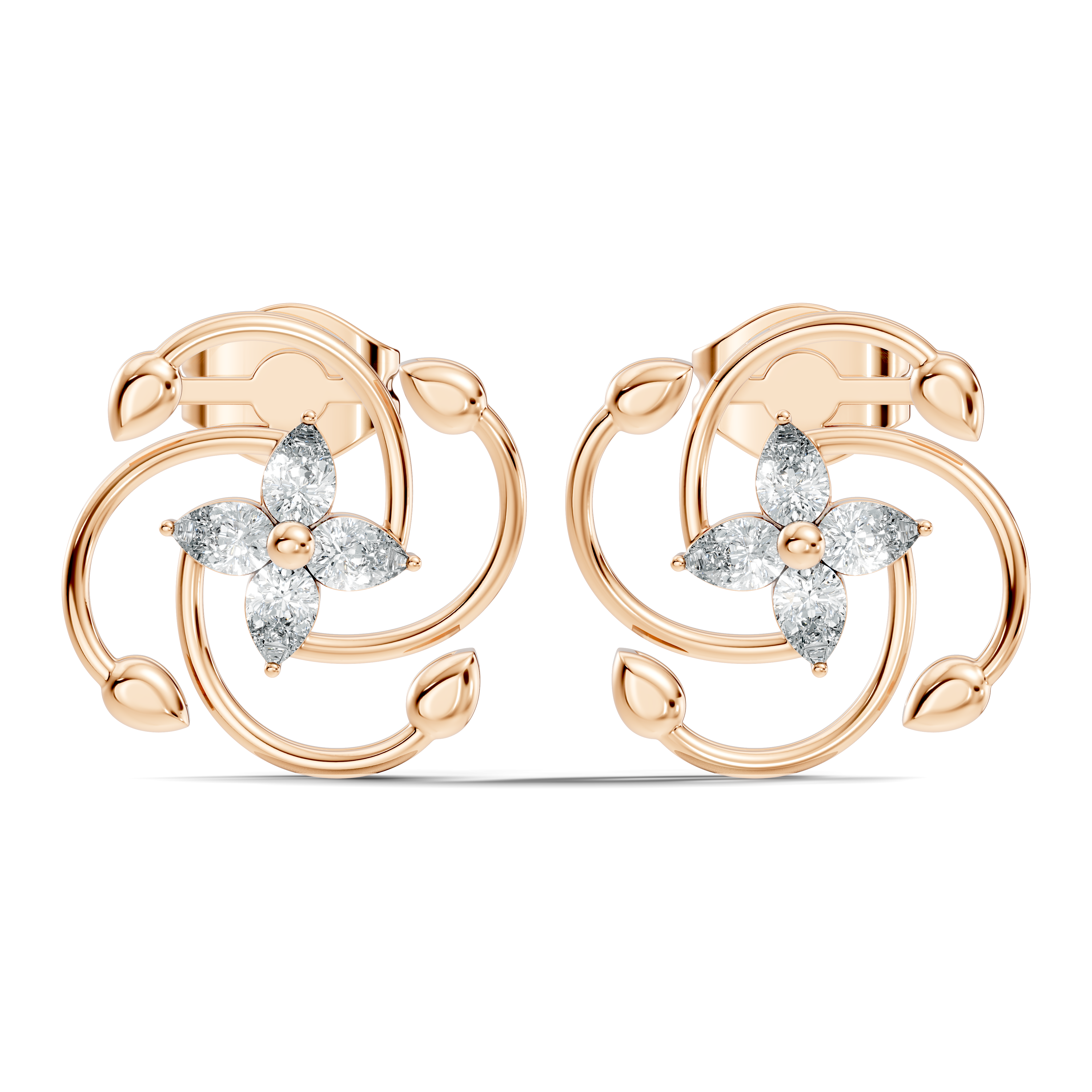 Pear Diamond Four-Petal Flower & Pinwheel Swirl Stud