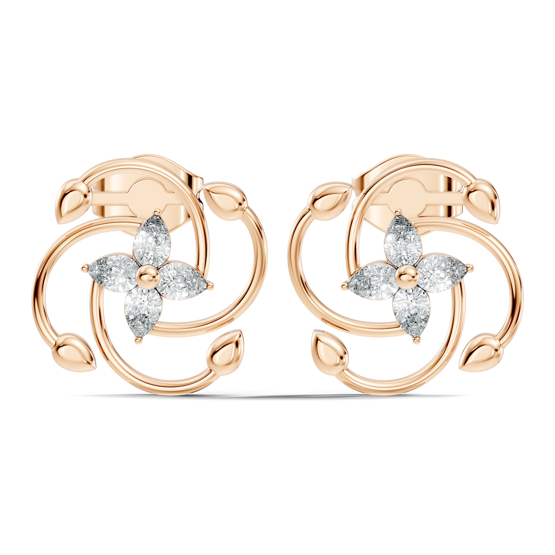 Pear Diamond Four-Petal Flower & Pinwheel Swirl Stud