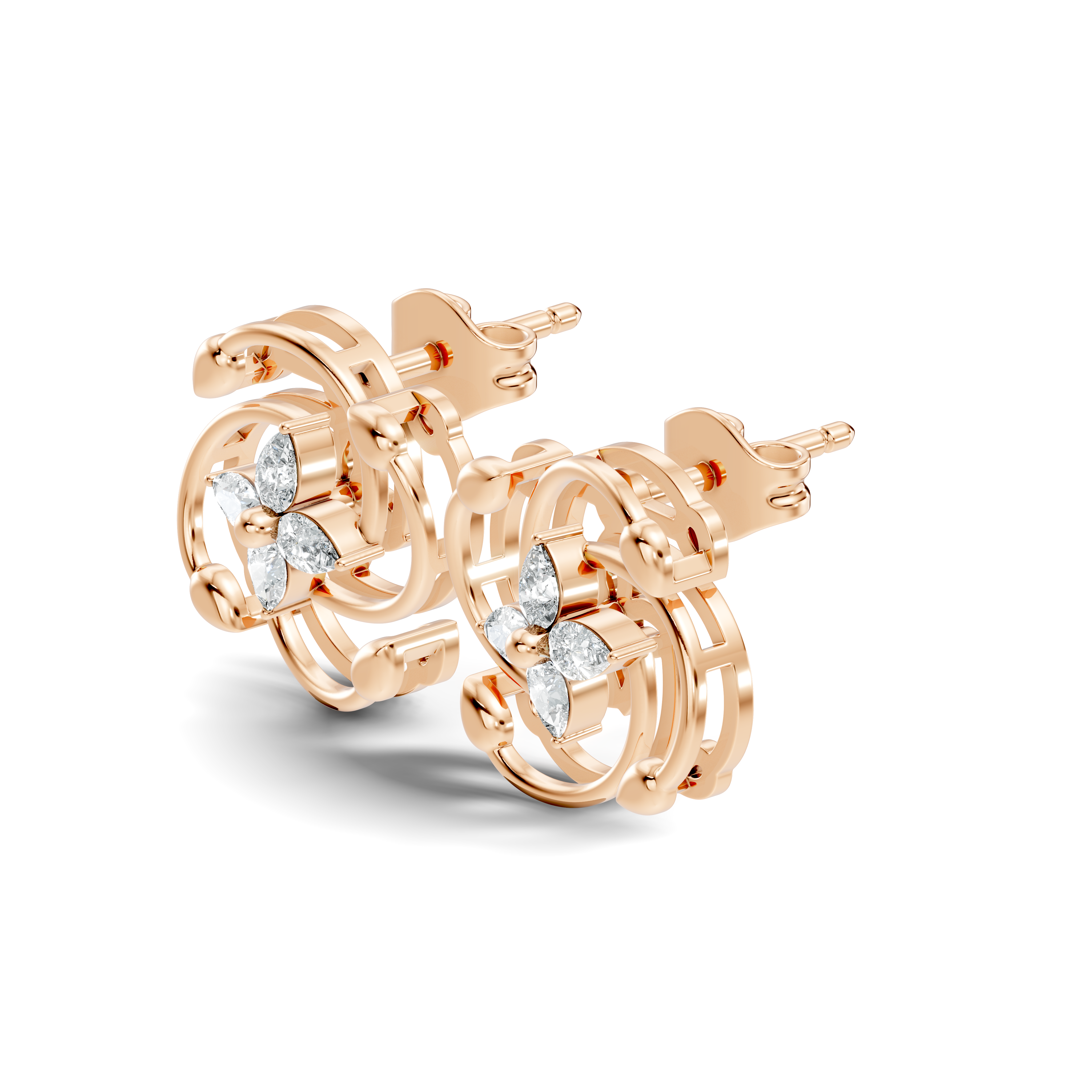 Pear Diamond Four-Petal Flower & Pinwheel Swirl Stud