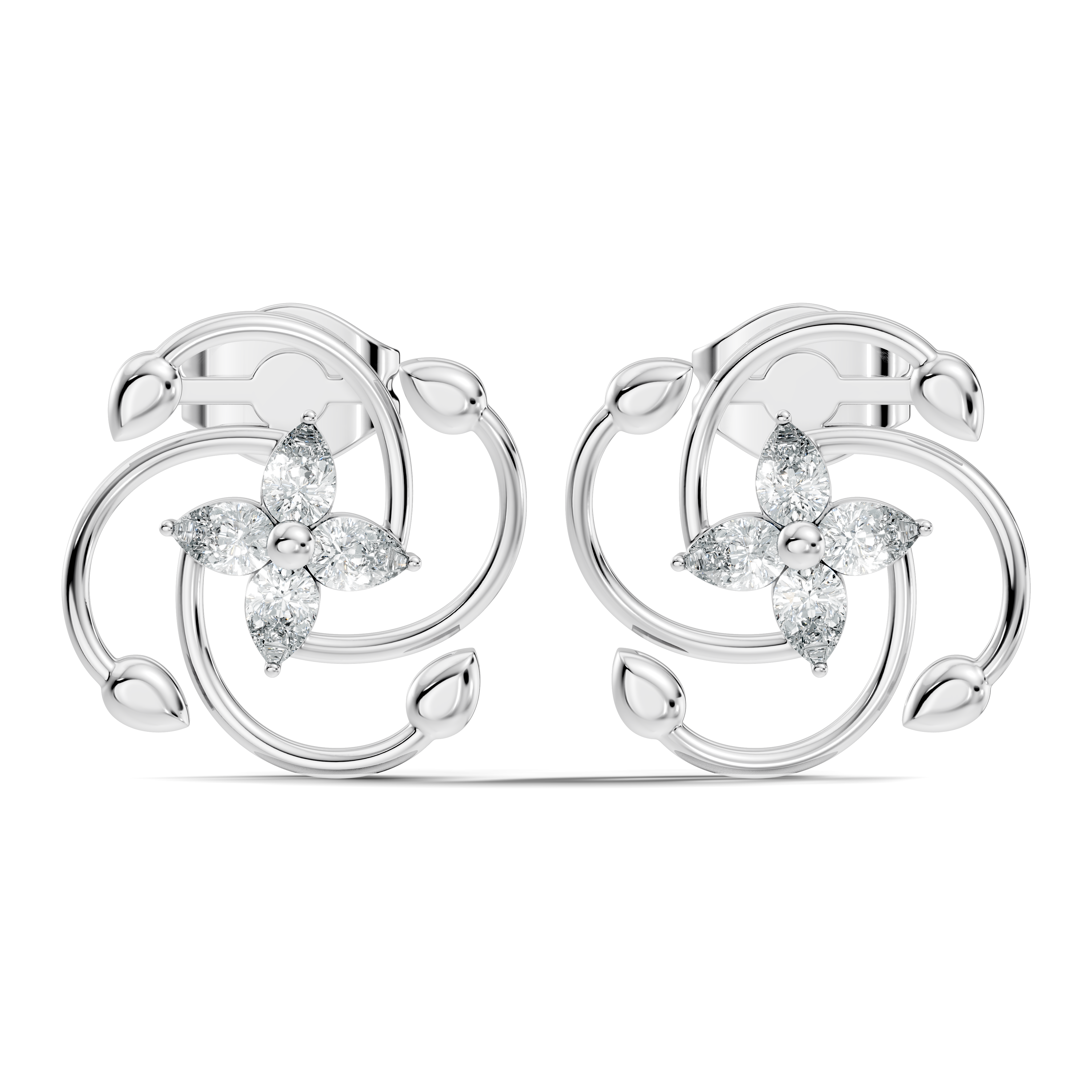 Pear Diamond Four-Petal Flower & Pinwheel Swirl Stud