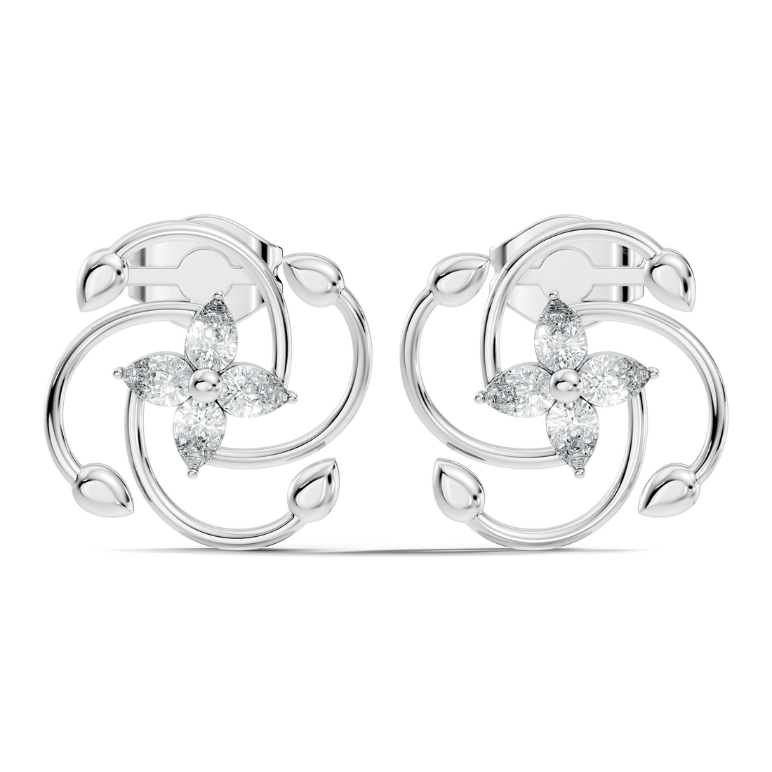 Pear Diamond Four-Petal Flower & Pinwheel Swirl Stud