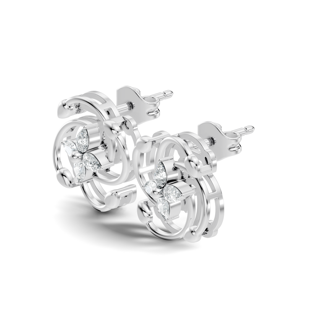 Pear Diamond Four-Petal Flower & Pinwheel Swirl Stud