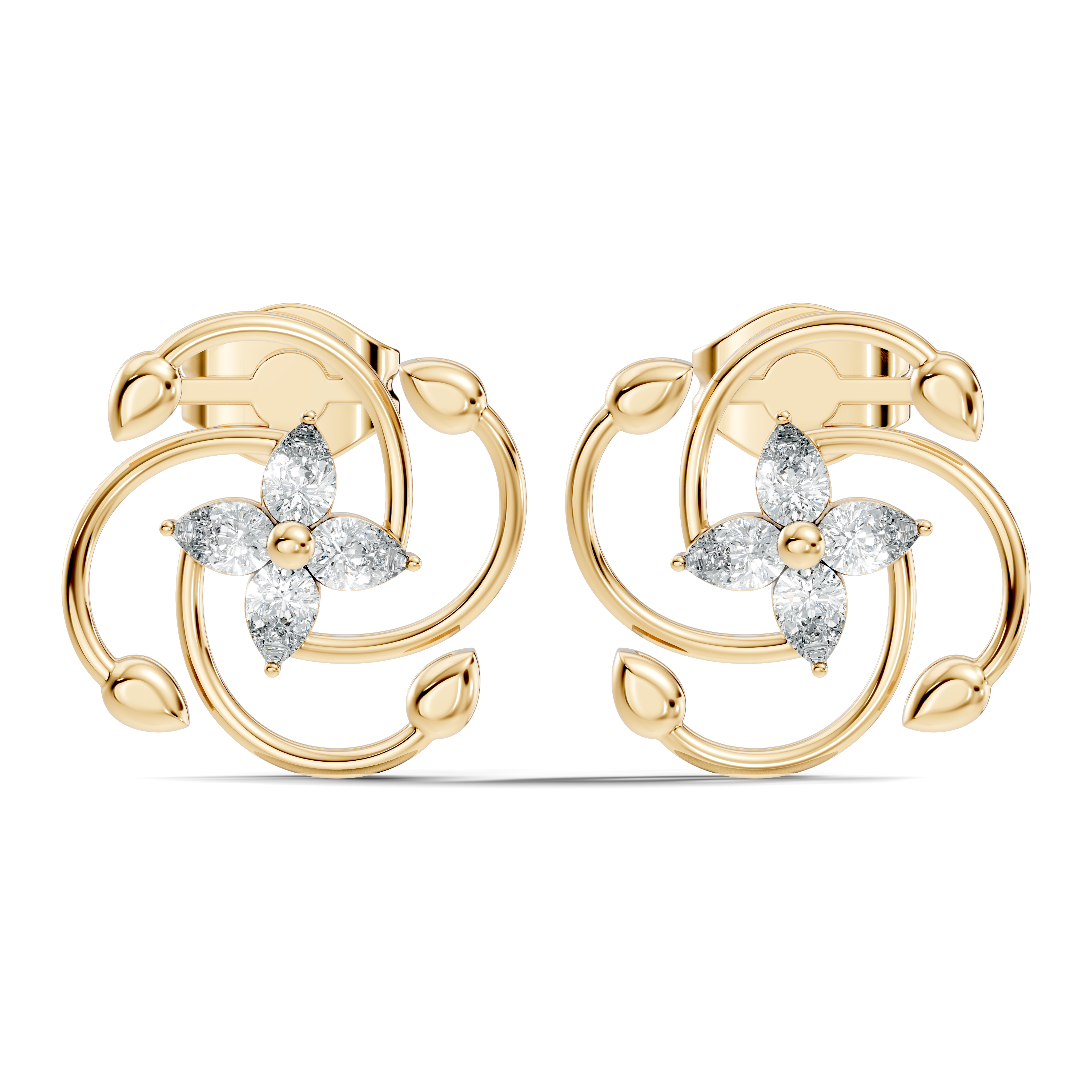 Pear Diamond Four-Petal Flower & Pinwheel Swirl Stud