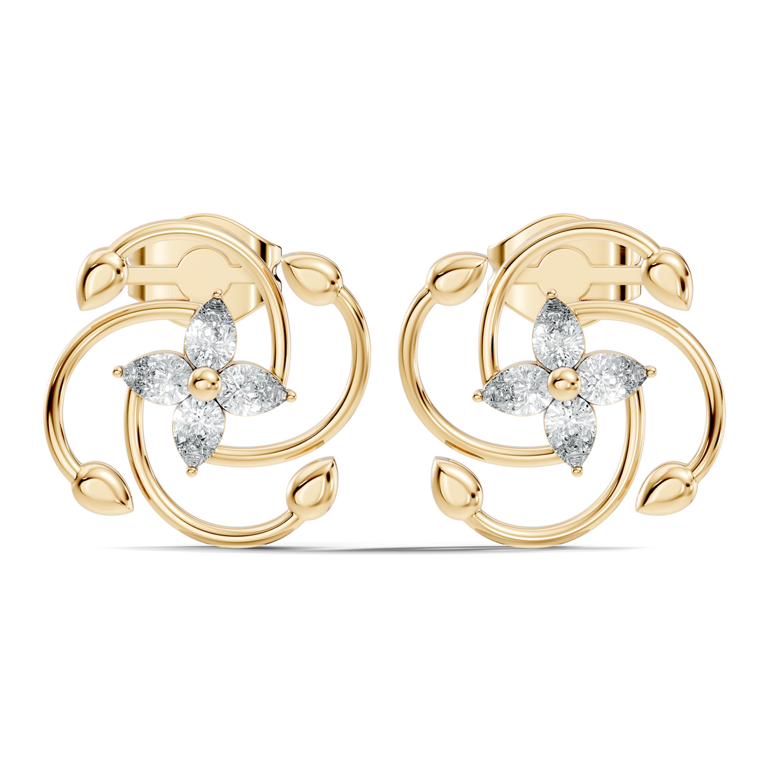 Pear Diamond Four-Petal Flower & Pinwheel Swirl Stud