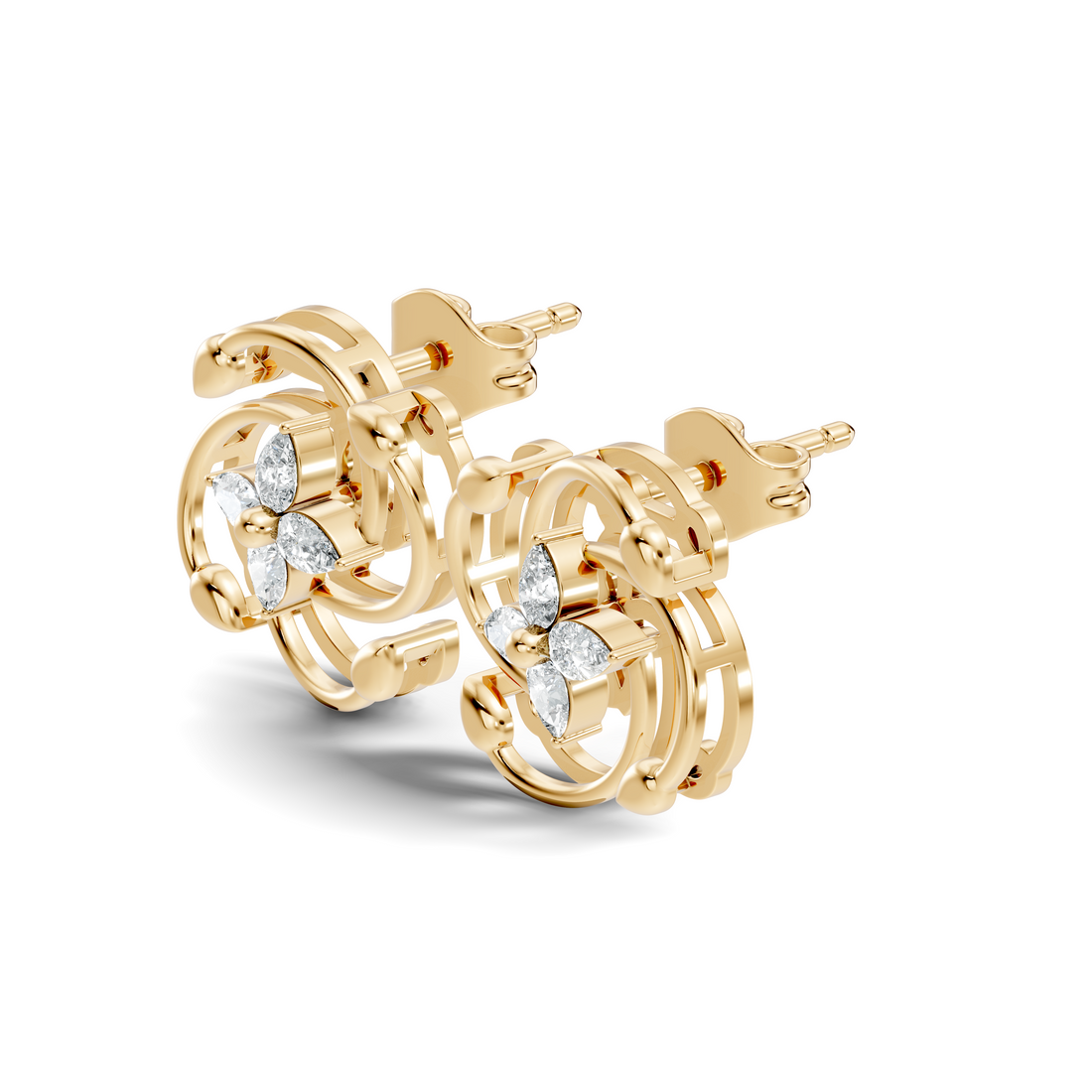Pear Diamond Four-Petal Flower & Pinwheel Swirl Stud