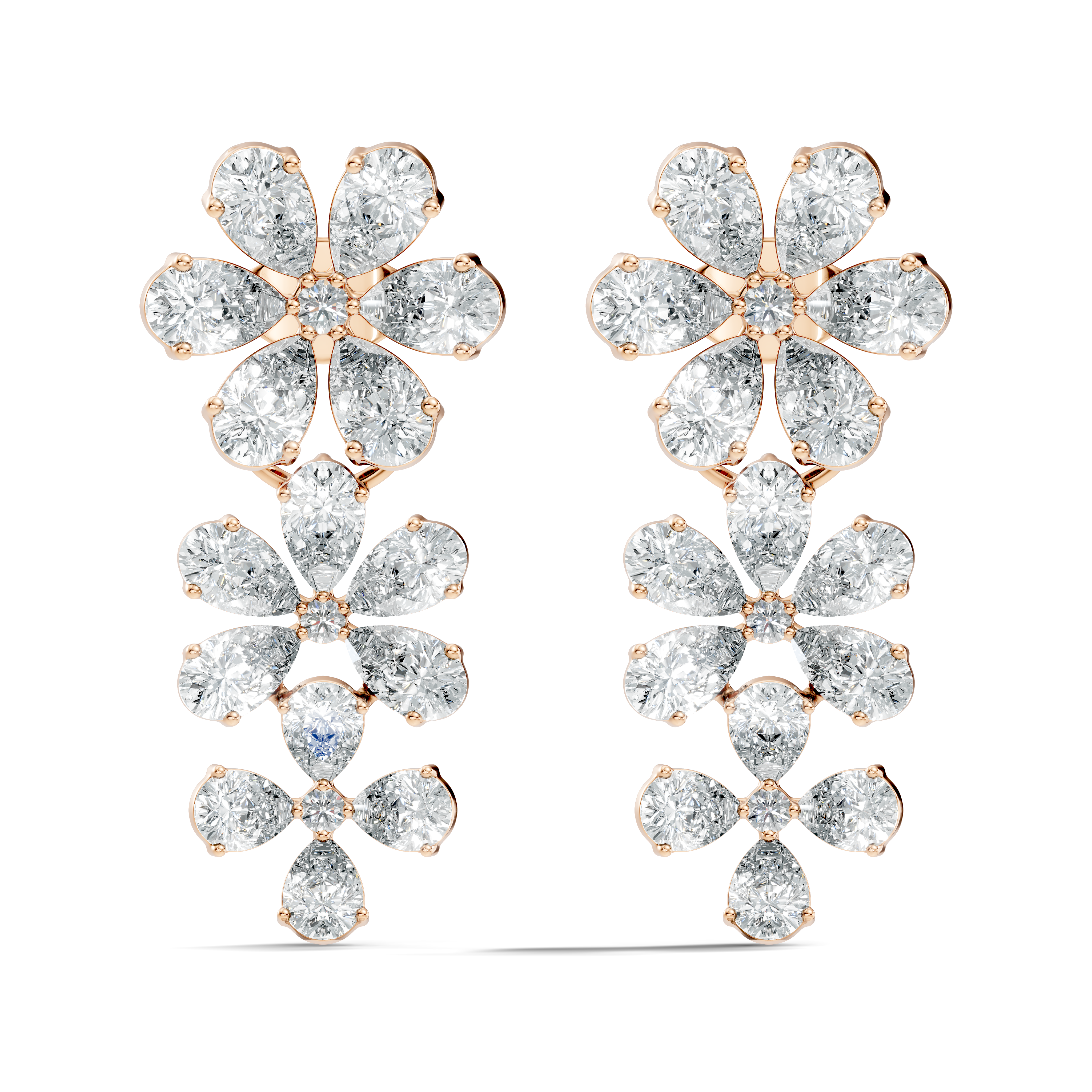 Pear & Round Diamond Triple Tier Floral Drop Earrings