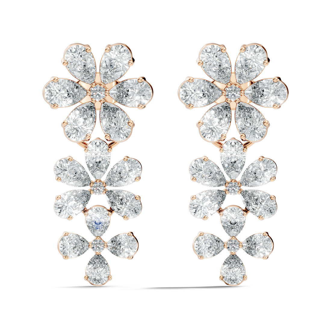 Pear & Round Diamond Triple Tier Floral Drop Earrings