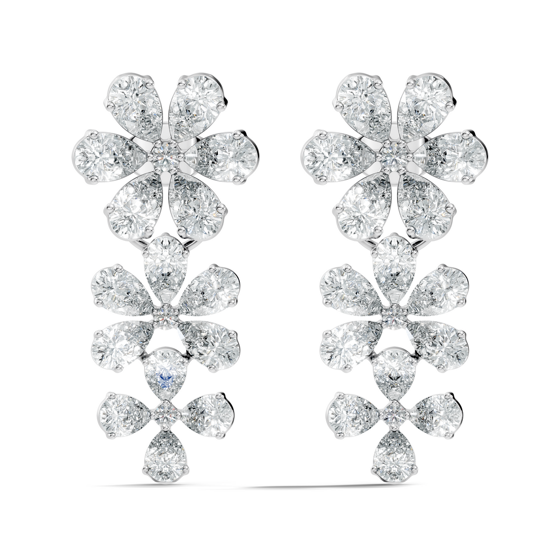 Pear & Round Diamond Triple Tier Floral Drop Earrings