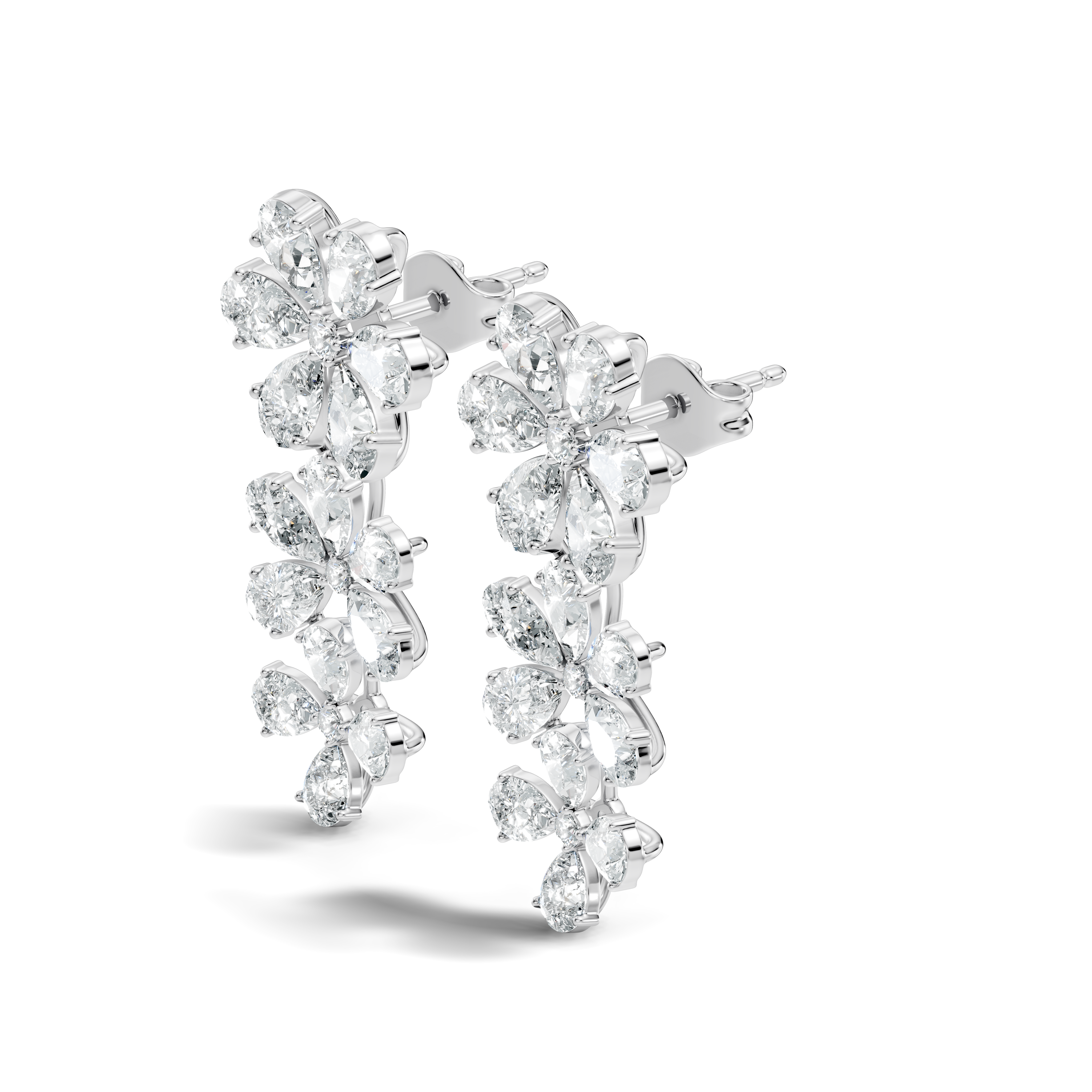 Pear & Round Diamond Triple Tier Floral Drop Earrings