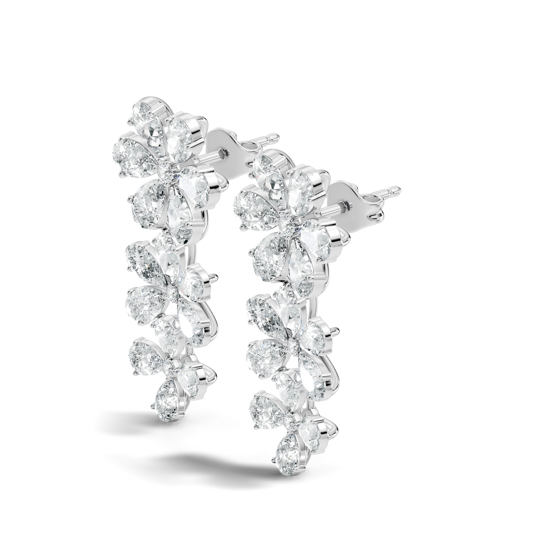 Pear & Round Diamond Triple Tier Floral Drop Earrings