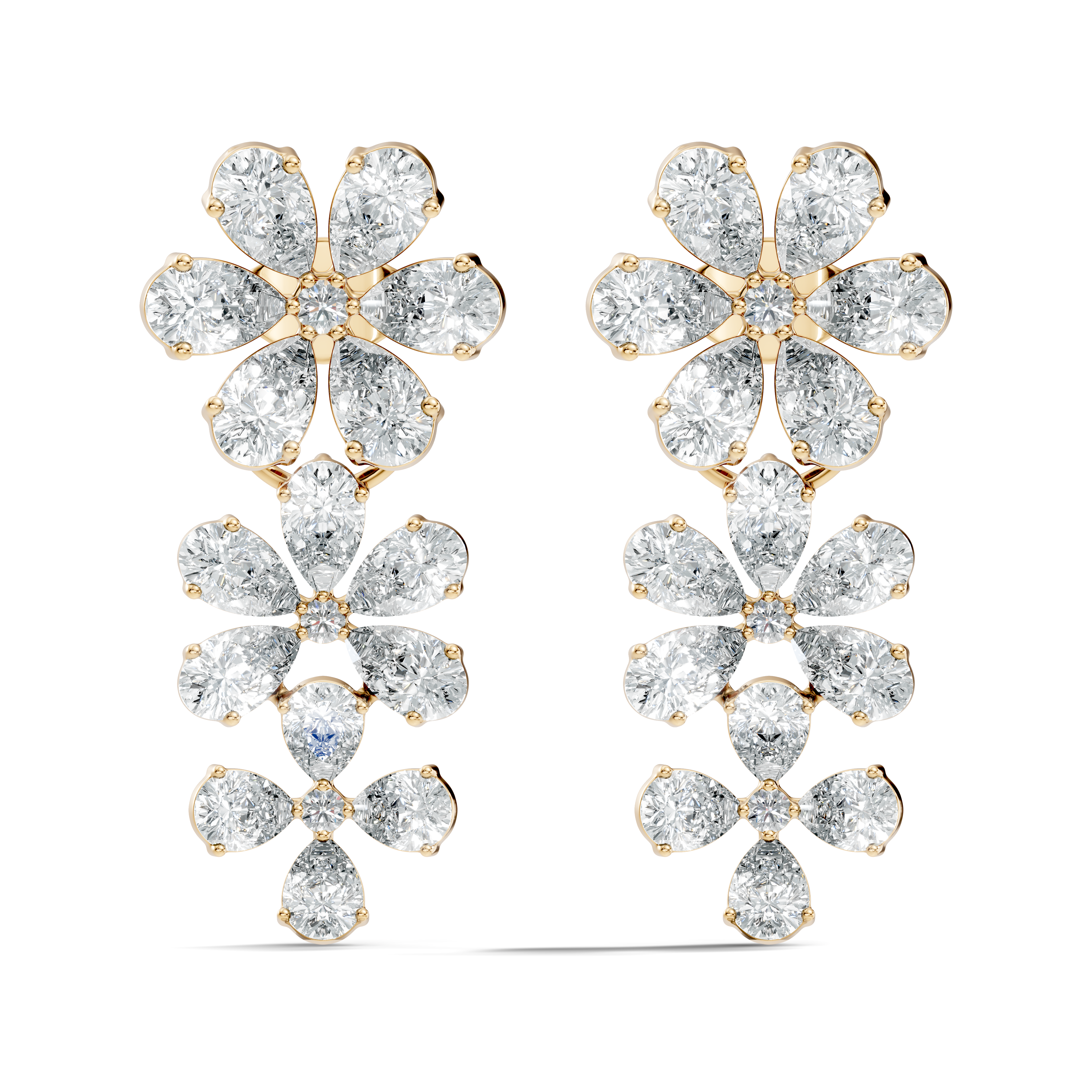 Pear & Round Diamond Triple Tier Floral Drop Earrings