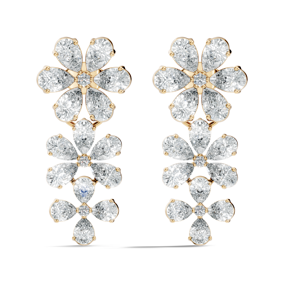 Pear & Round Diamond Triple Tier Floral Drop Earrings