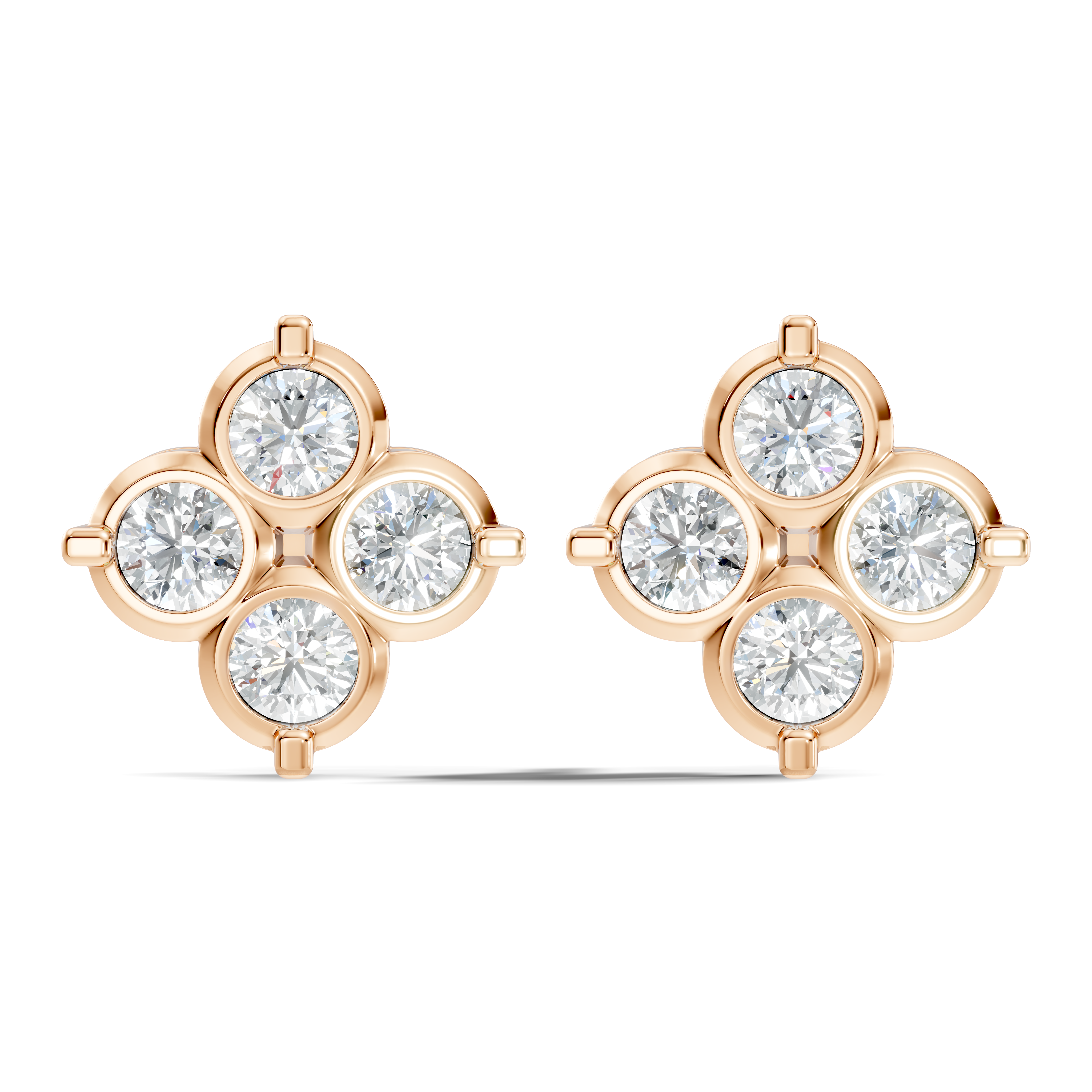 Four-Petal Floral Clover Round Diamond Cluster Stud