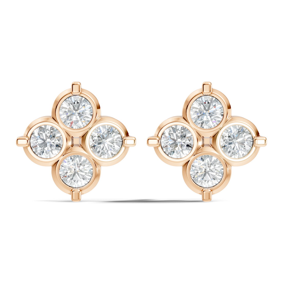 Four-Petal Floral Clover Round Diamond Cluster Stud