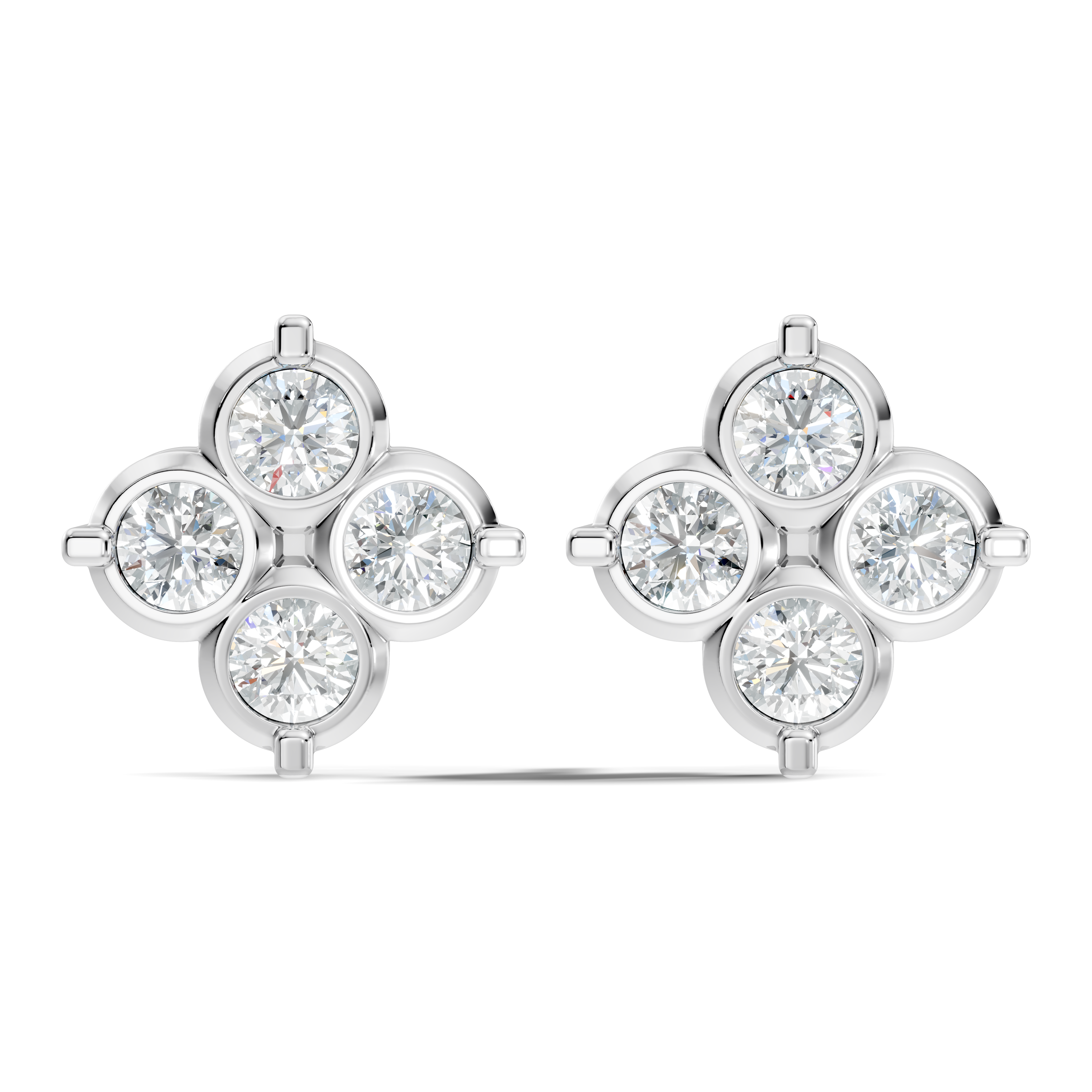Four-Petal Floral Clover Round Diamond Cluster Stud
