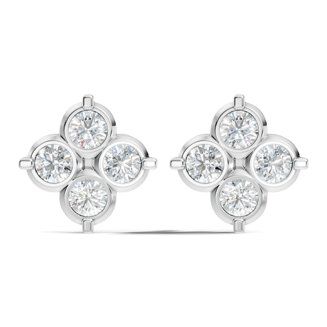 Four-Petal Floral Clover Round Diamond Cluster Stud