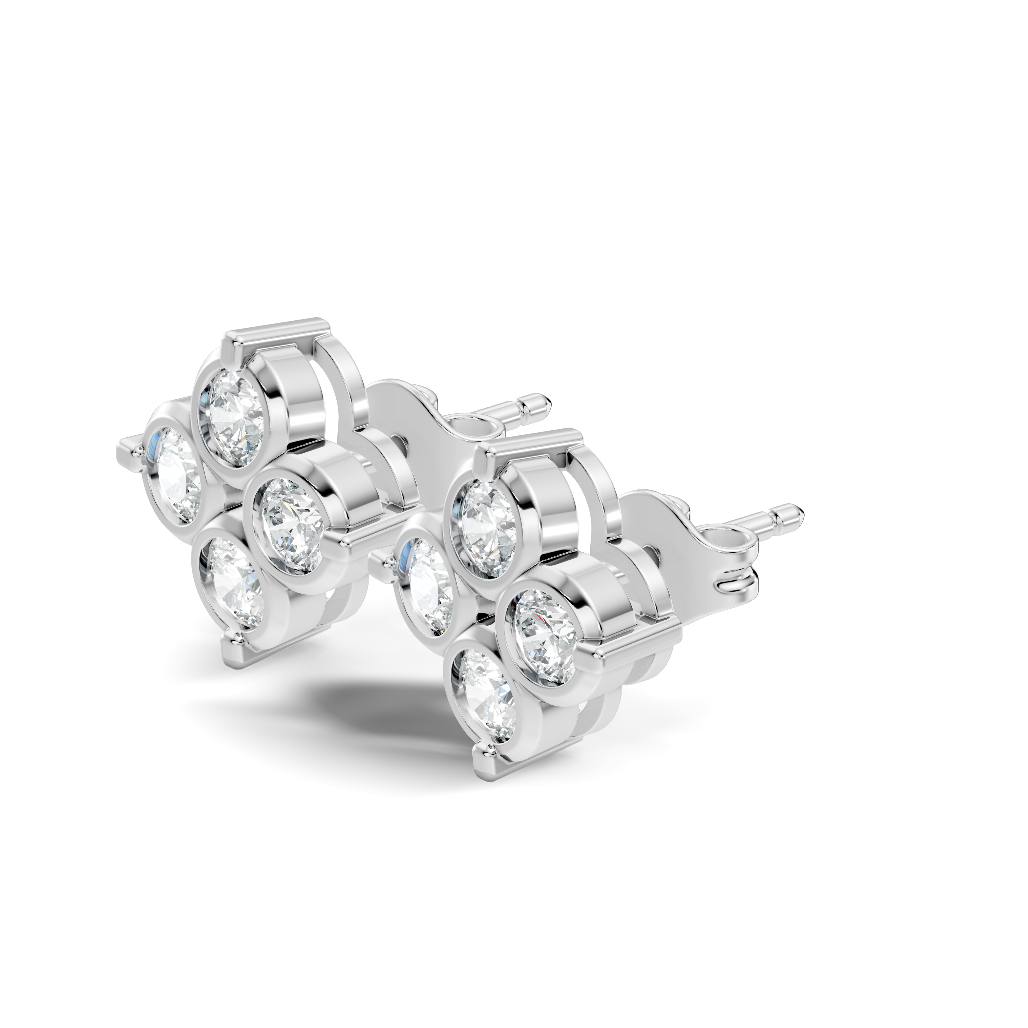 Four-Petal Floral Clover Round Diamond Cluster Stud