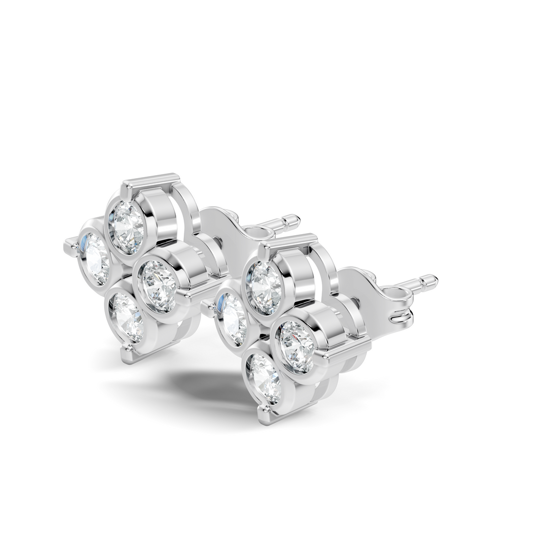 Four-Petal Floral Clover Round Diamond Cluster Stud