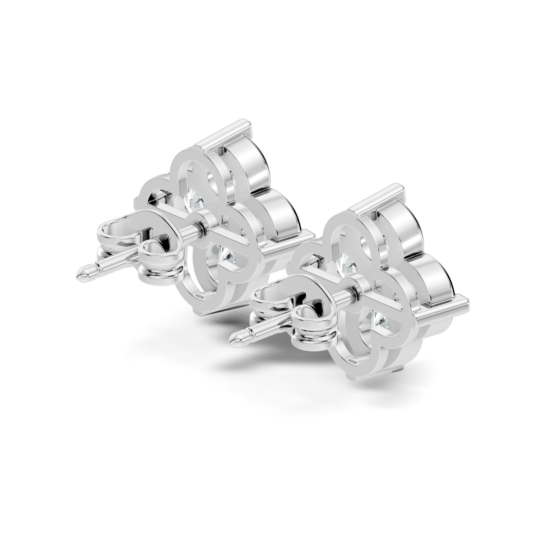 Four-Petal Floral Clover Round Diamond Cluster Stud