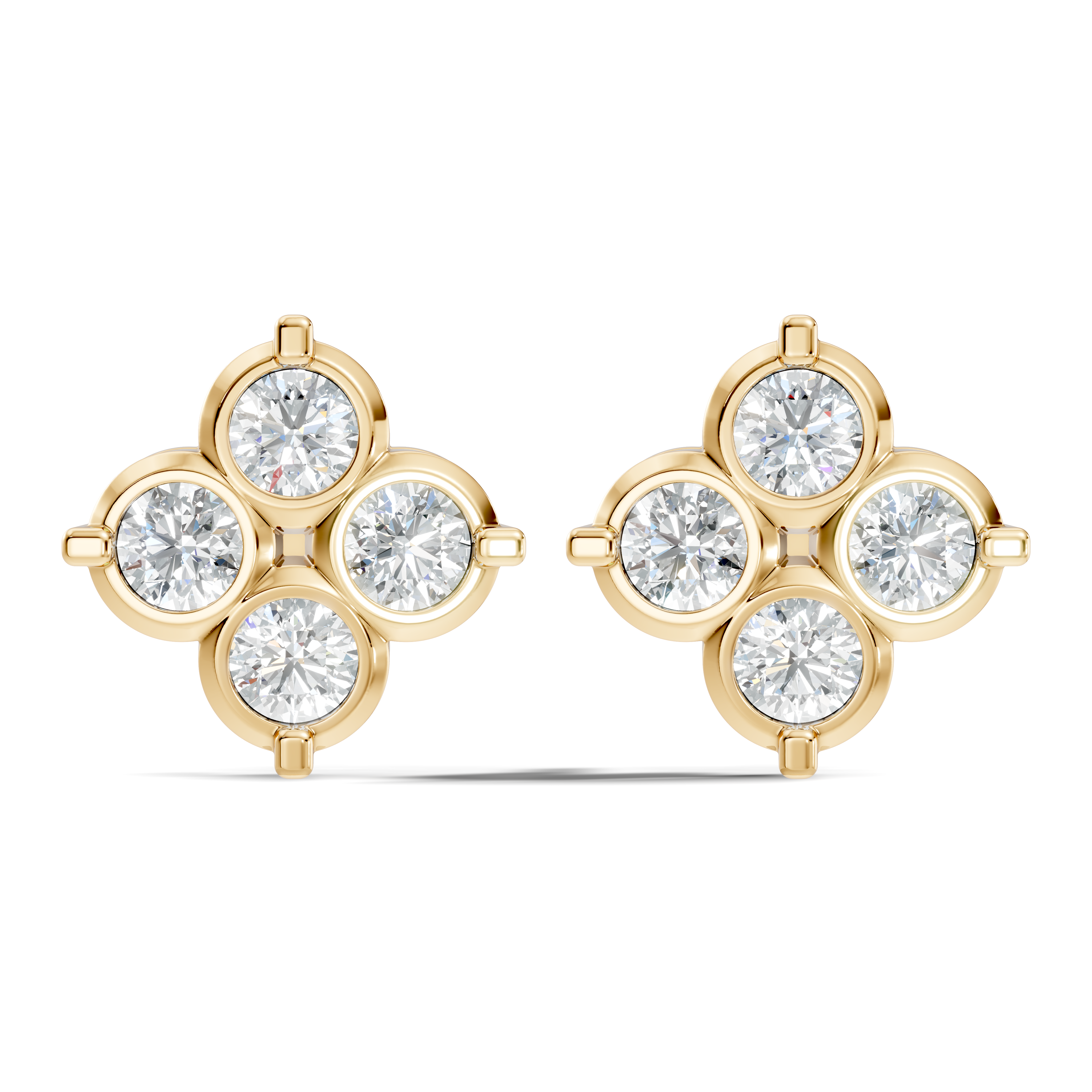 Four-Petal Floral Clover Round Diamond Cluster Stud