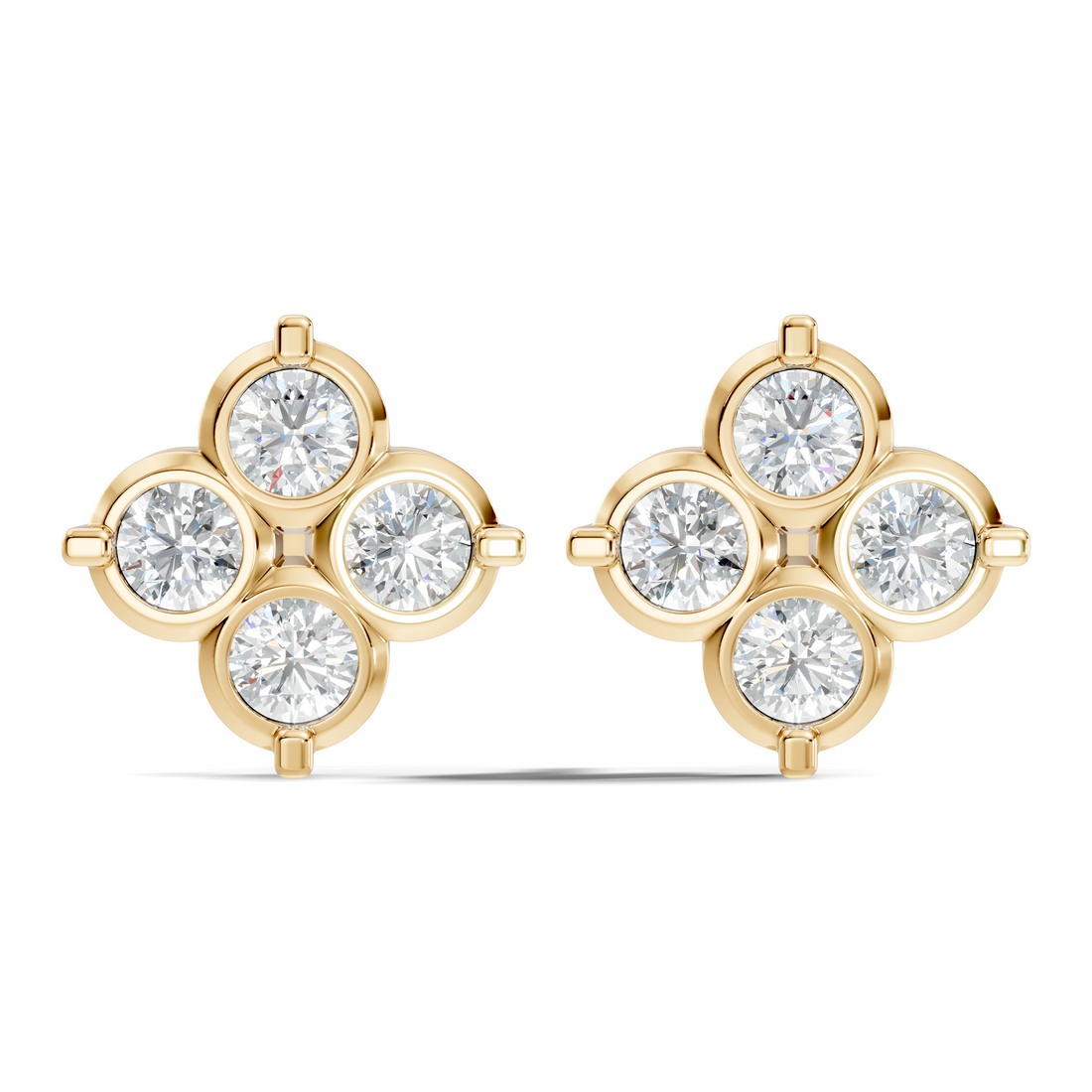 Four-Petal Floral Clover Round Diamond Cluster Stud