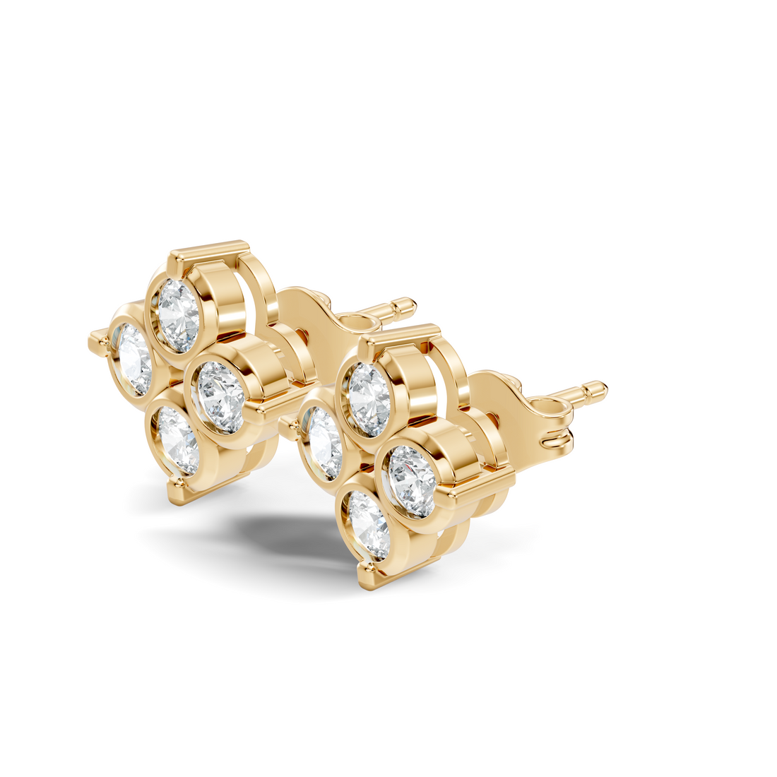 Four-Petal Floral Clover Round Diamond Cluster Stud