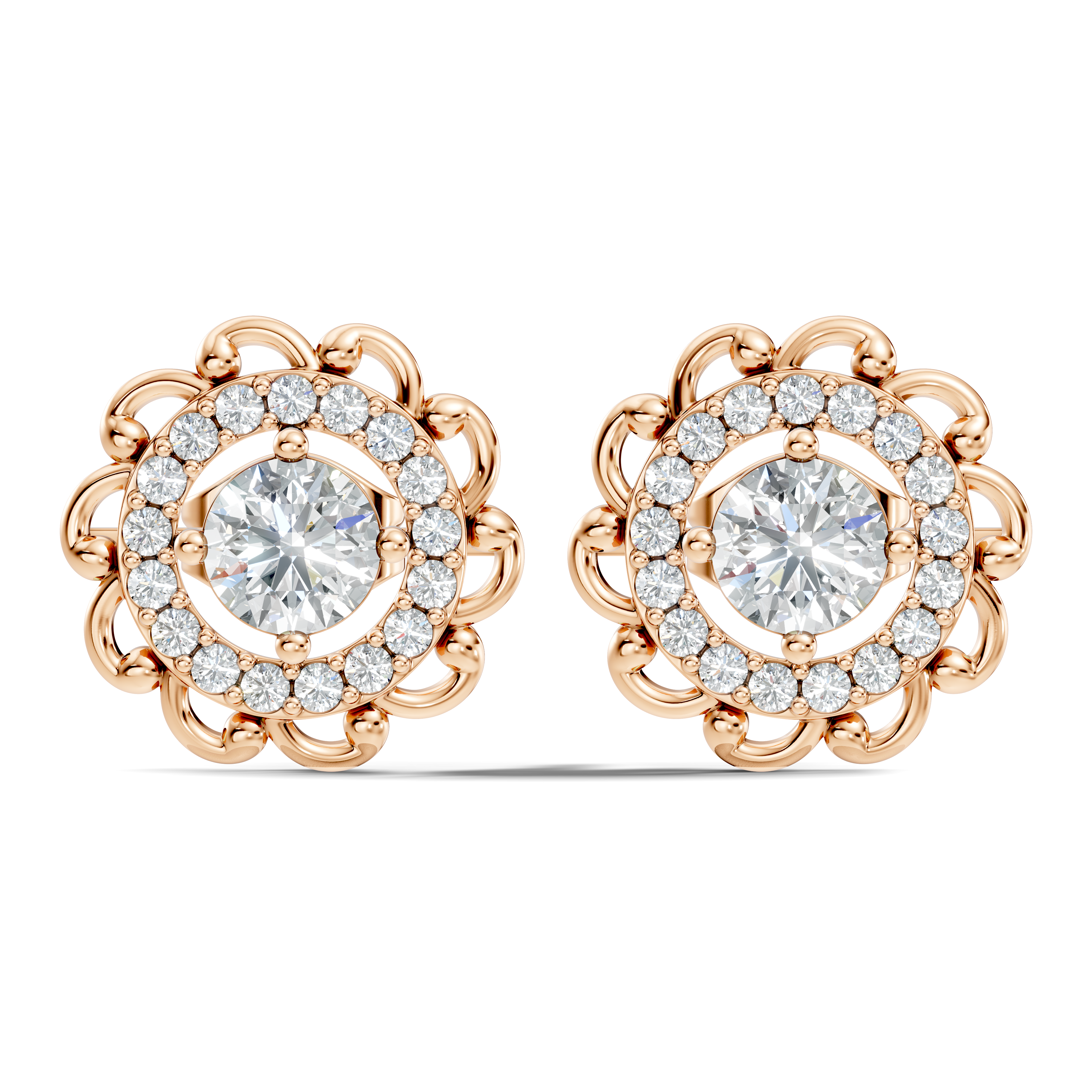 Round Solitaire & Scalloped Halo Diamond Stud