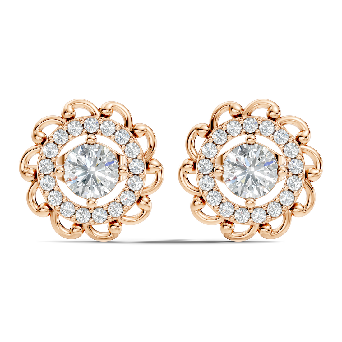 Round Solitaire & Scalloped Halo Diamond Stud