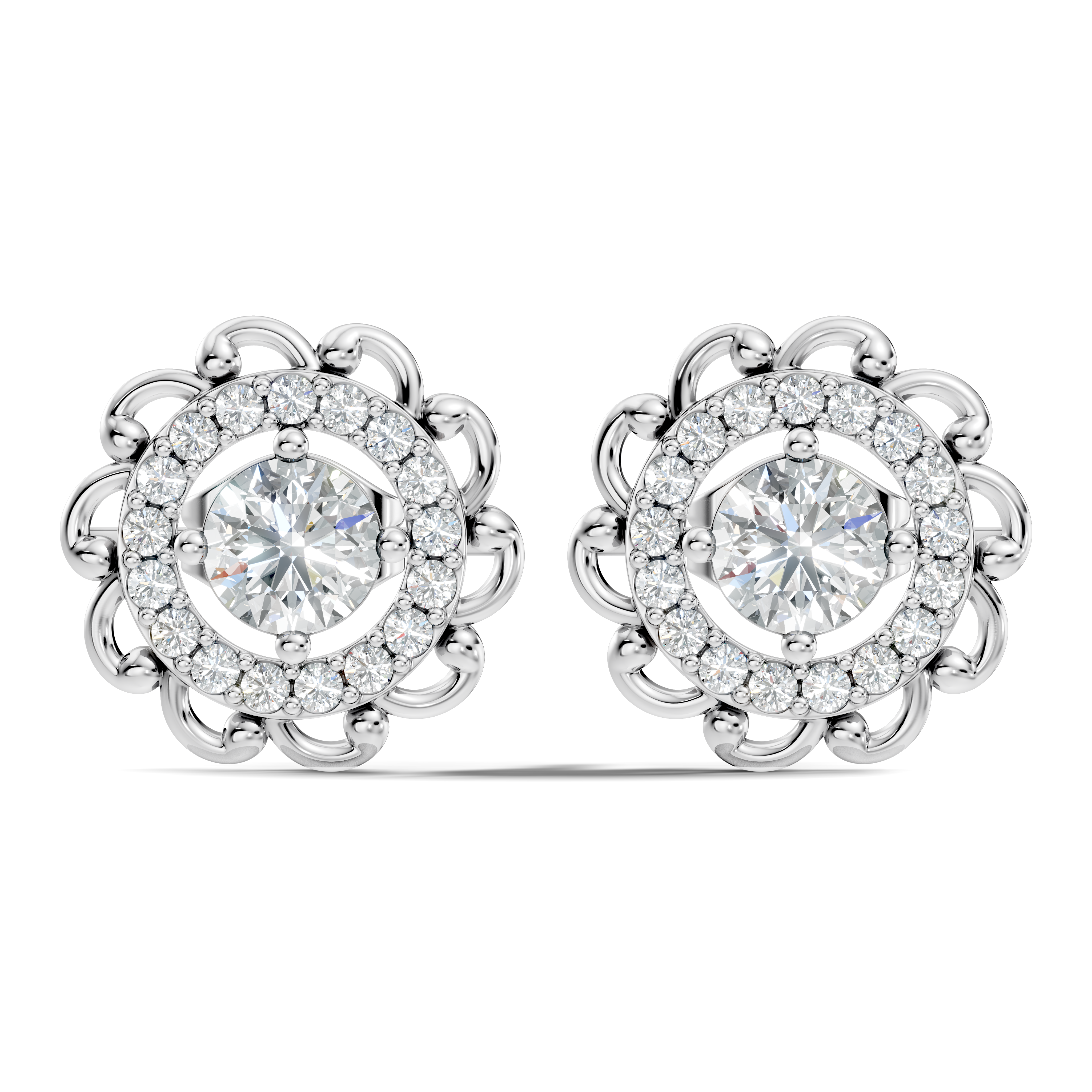 Round Solitaire & Scalloped Halo Diamond Stud