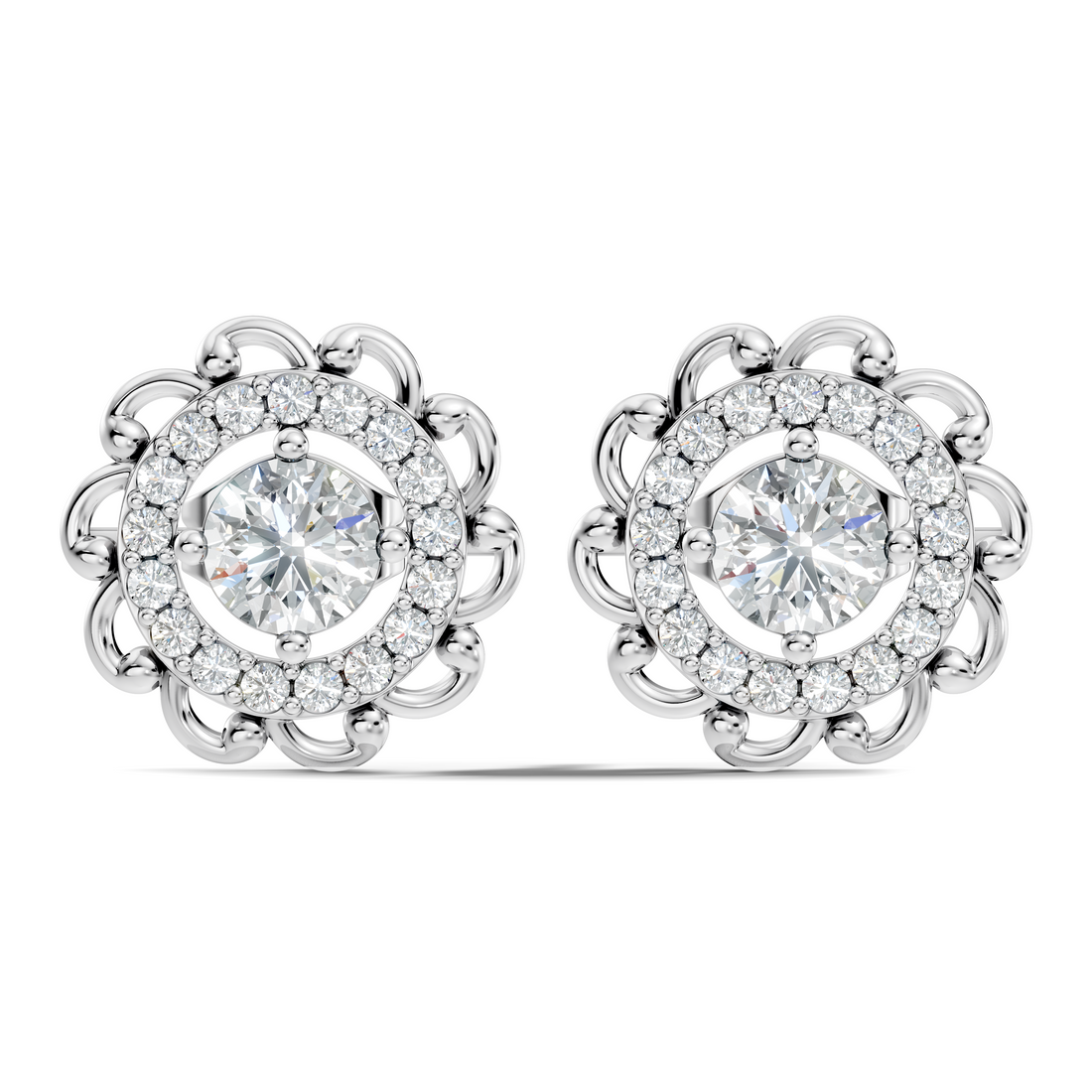 Round Solitaire & Scalloped Halo Diamond Stud