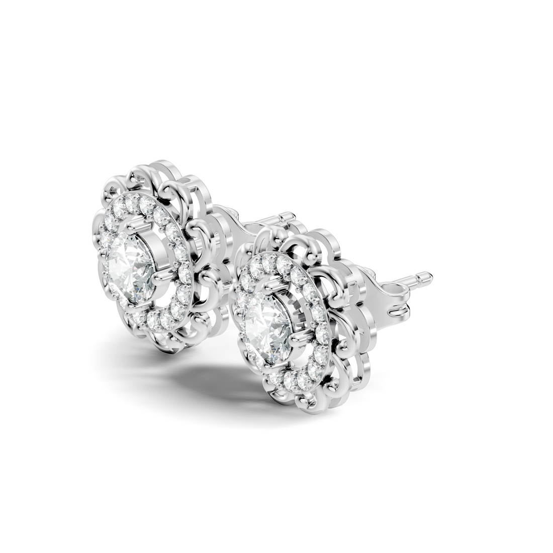 Round Solitaire & Scalloped Halo Diamond Stud