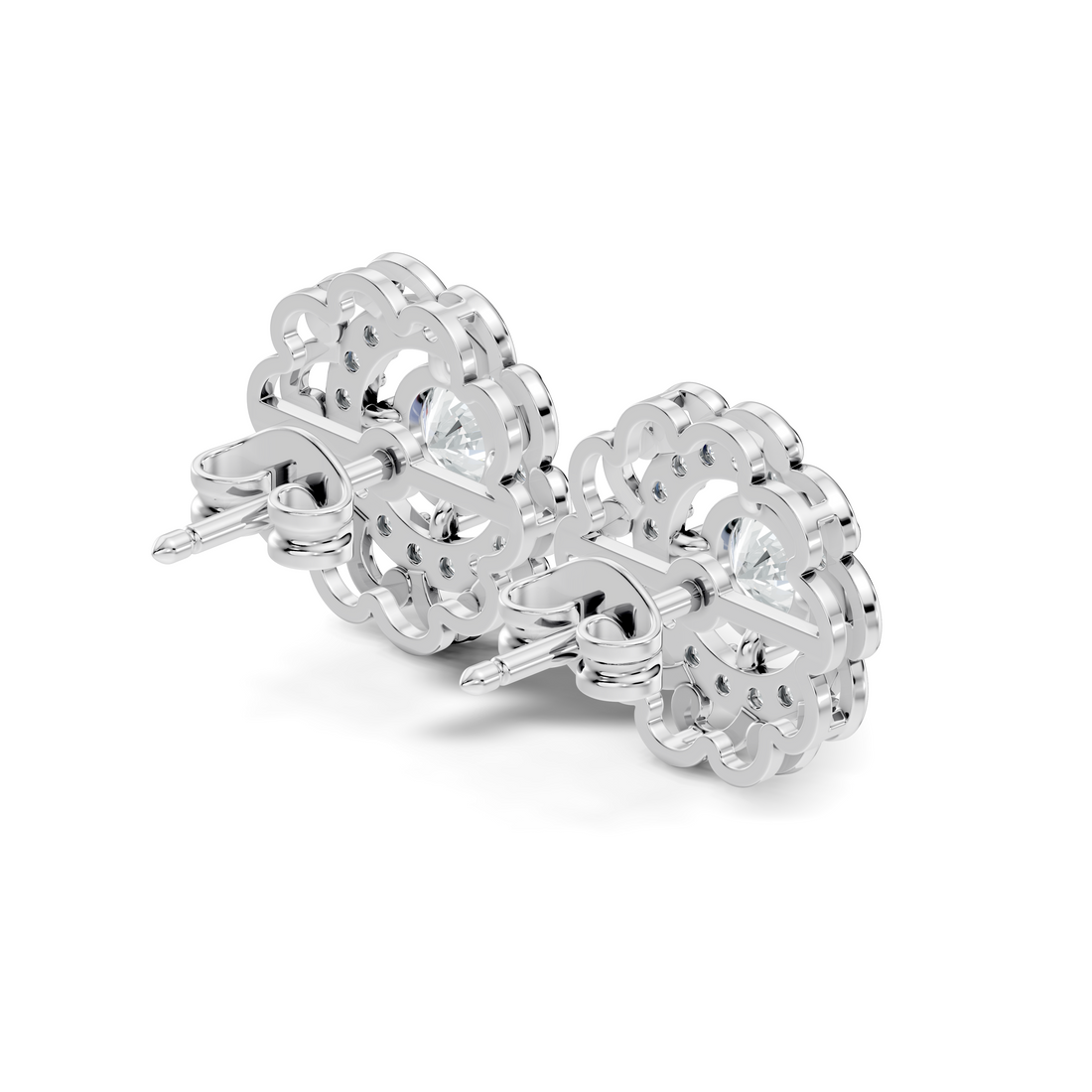 Round Solitaire & Scalloped Halo Diamond Stud