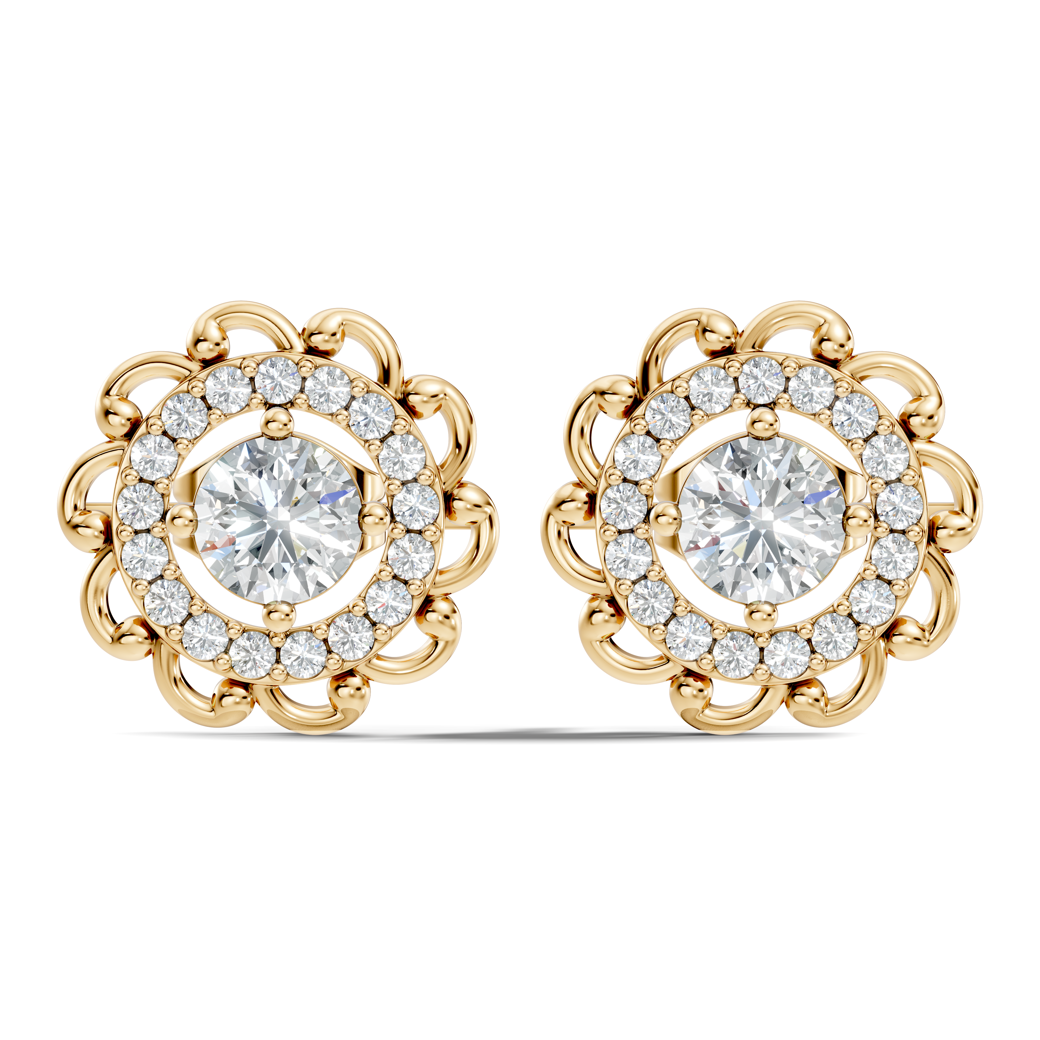 Round Solitaire & Scalloped Halo Diamond Stud