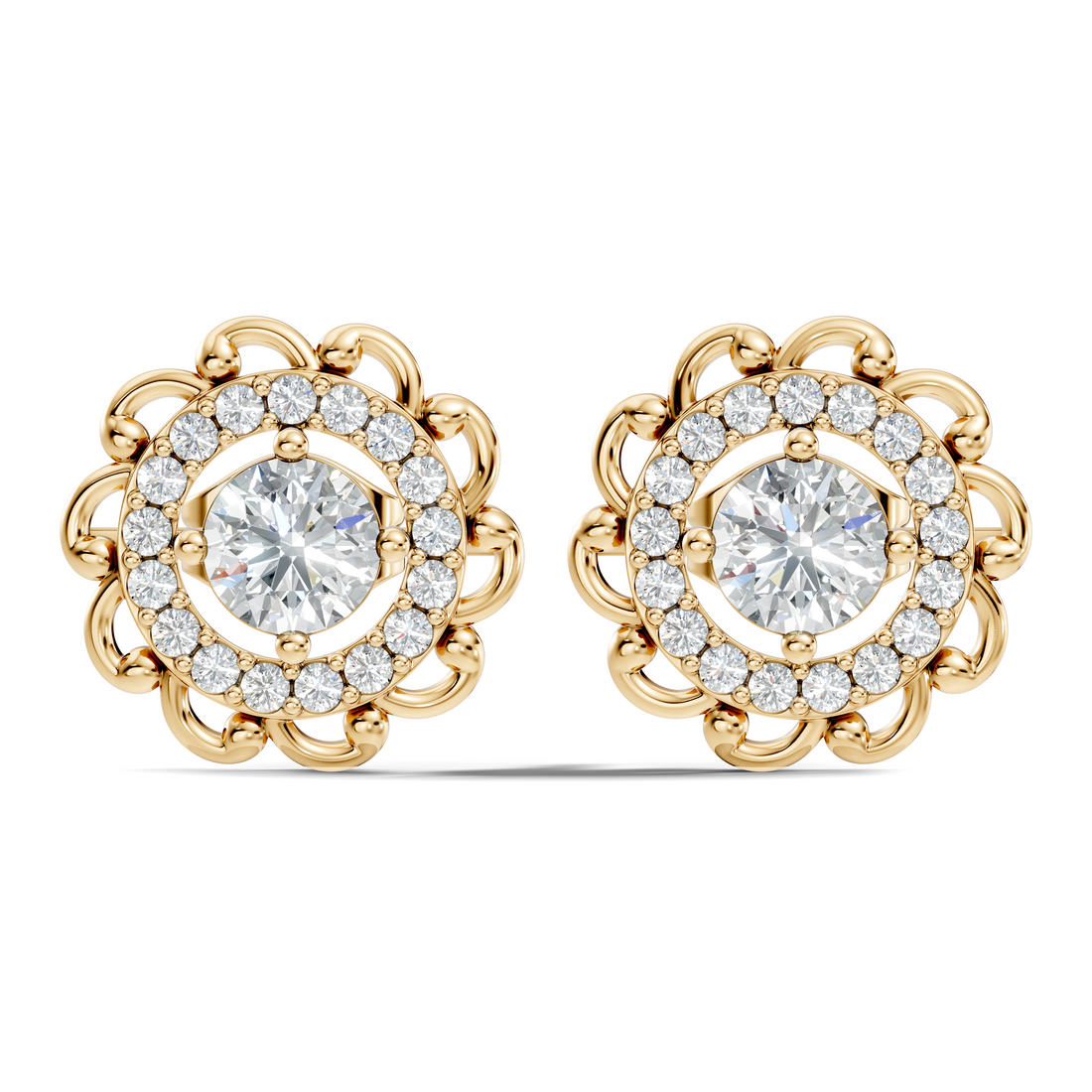 Round Solitaire & Scalloped Halo Diamond Stud