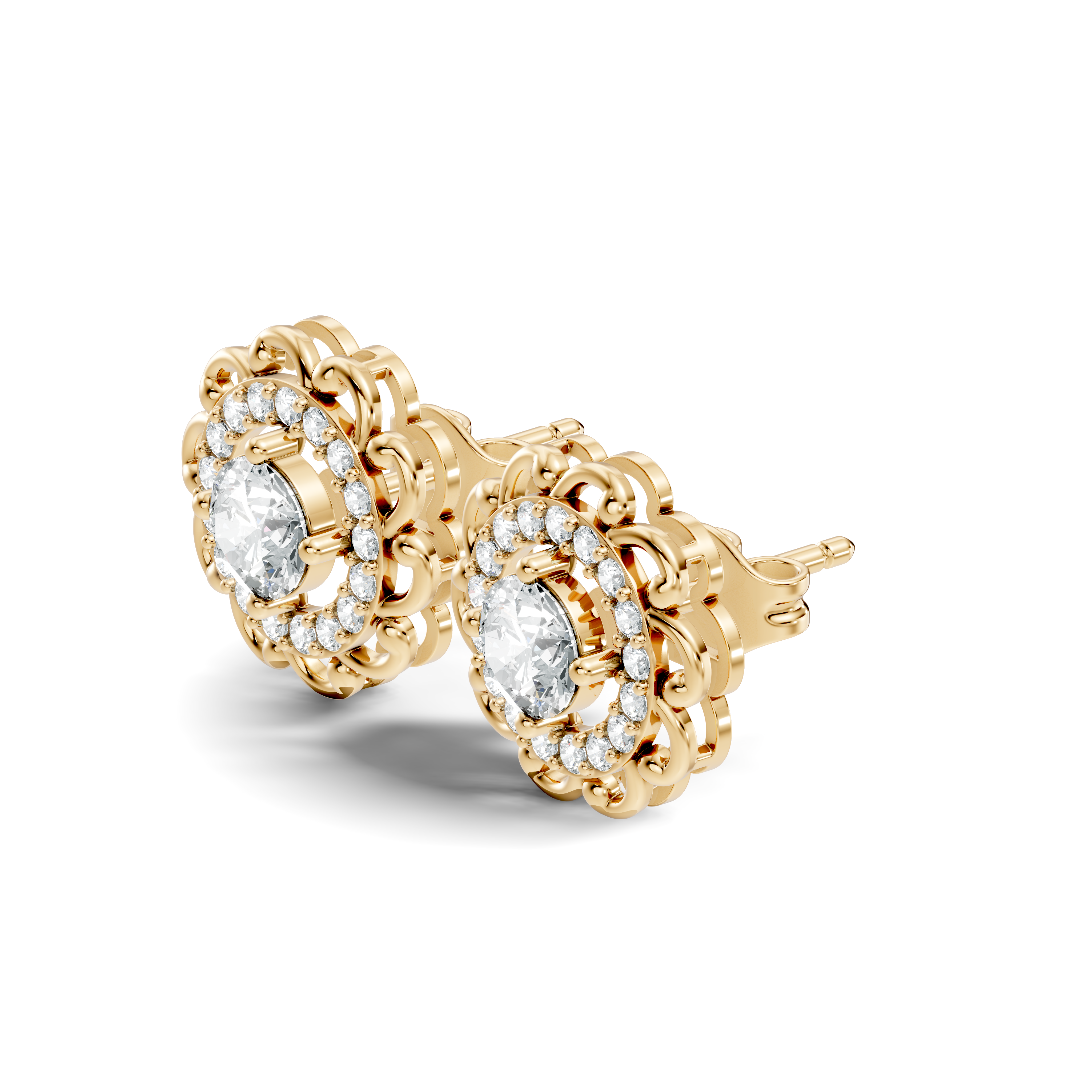 Round Solitaire & Scalloped Halo Diamond Stud