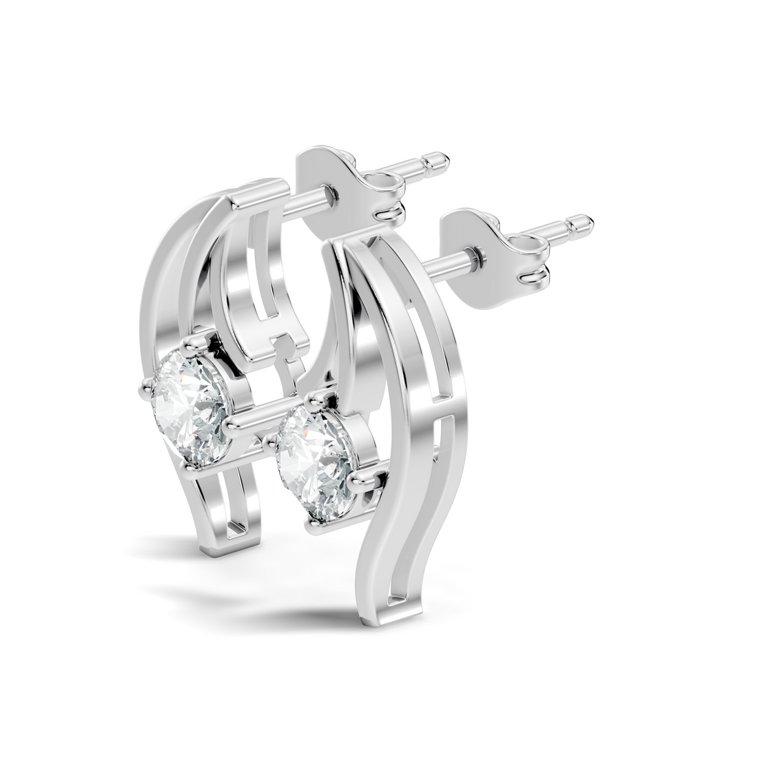 Round Solitaire & Fluid Wave Arc Diamond Stud