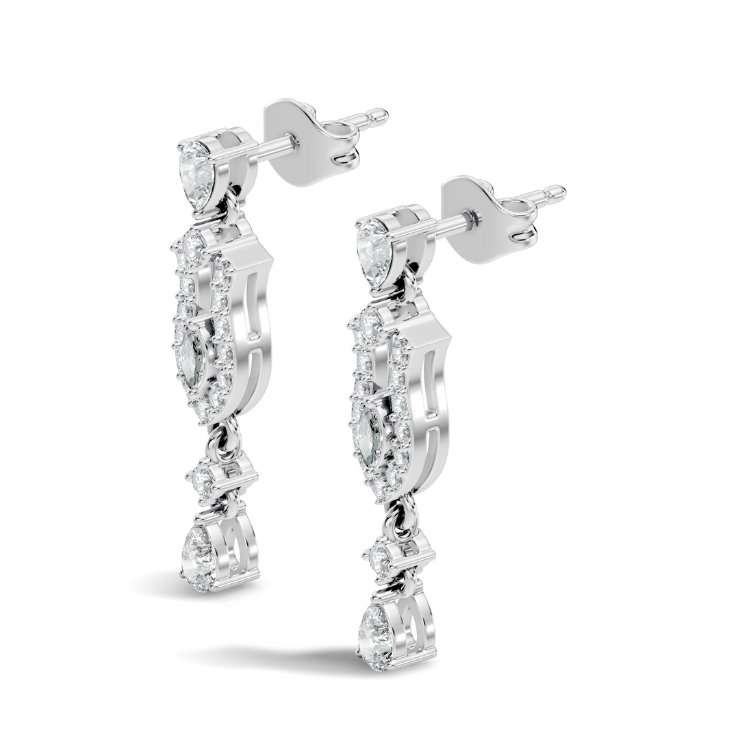 Multi-Shape Pear, Marquise & Round Diamond Art Deco Drop Earrings
