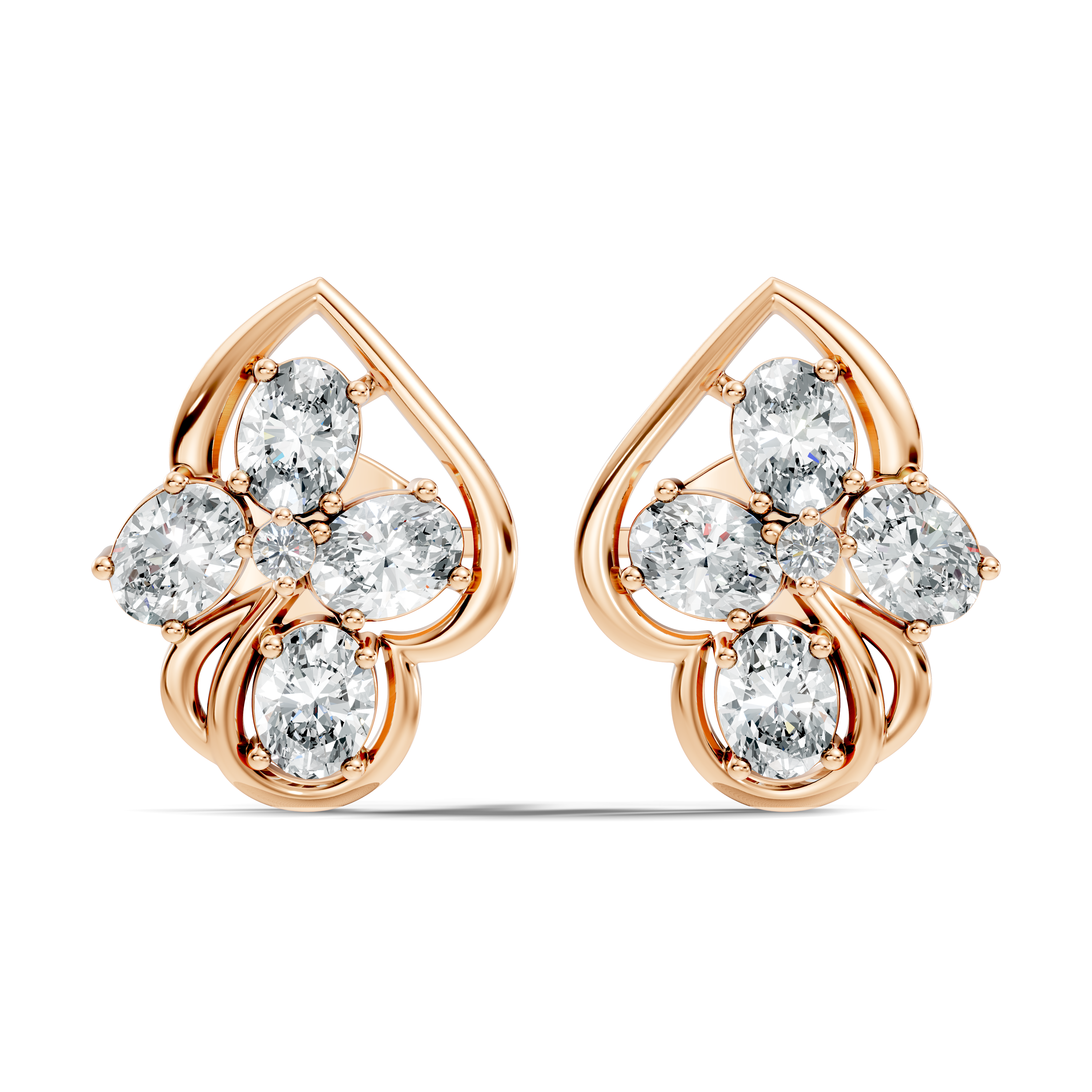 Oval & Round Diamond Leaf Contour Cluster Stud