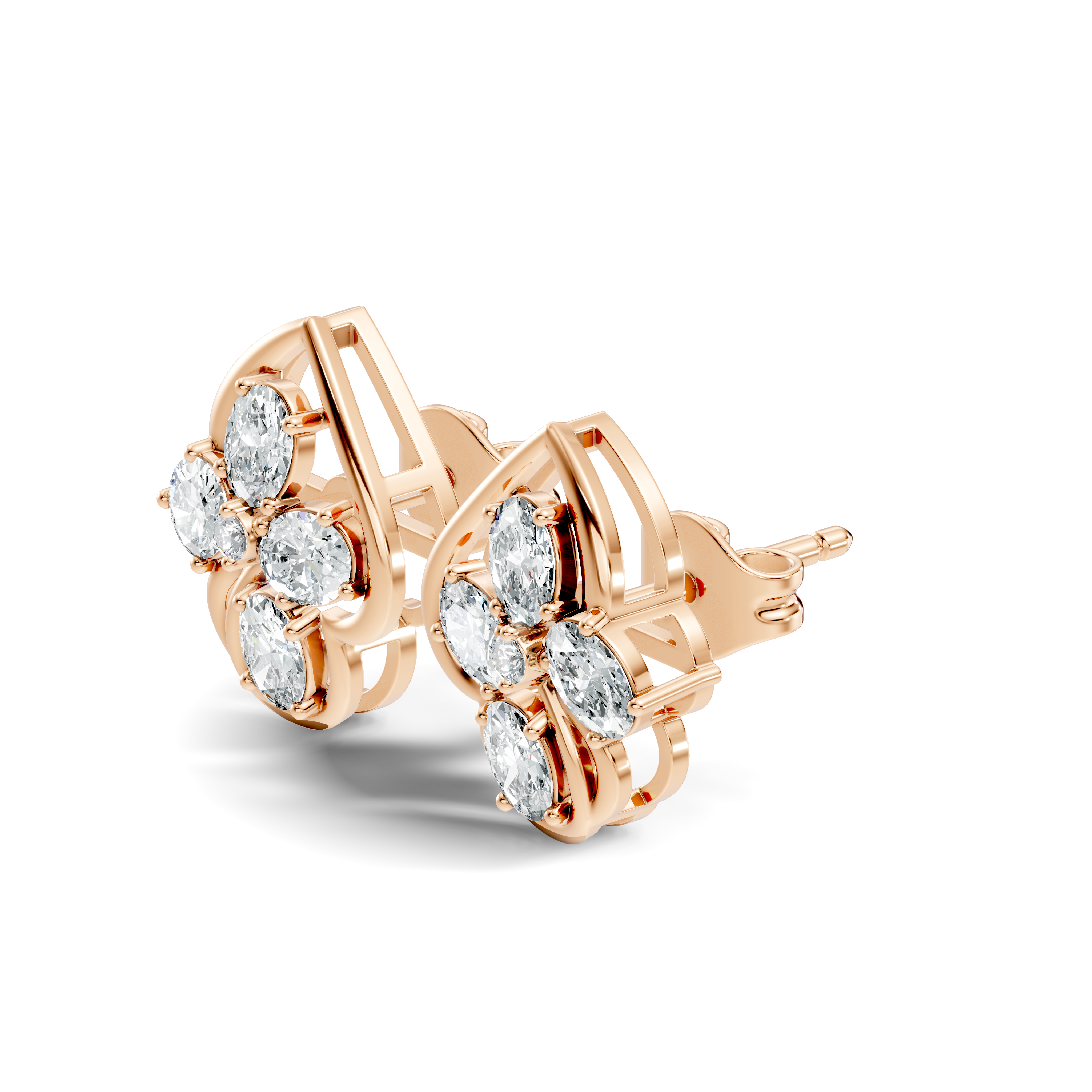 Oval & Round Diamond Leaf Contour Cluster Stud