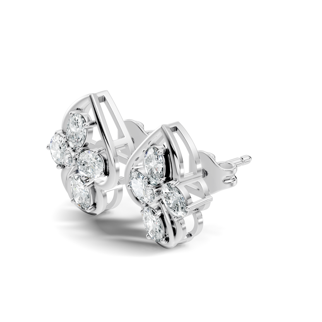 Oval & Round Diamond Leaf Contour Cluster Stud