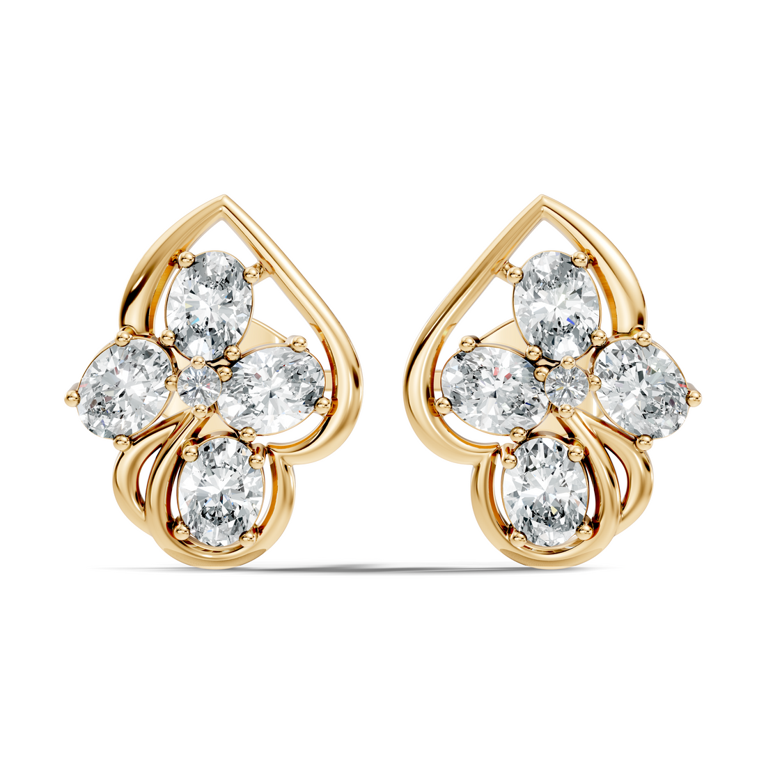 Oval & Round Diamond Leaf Contour Cluster Stud