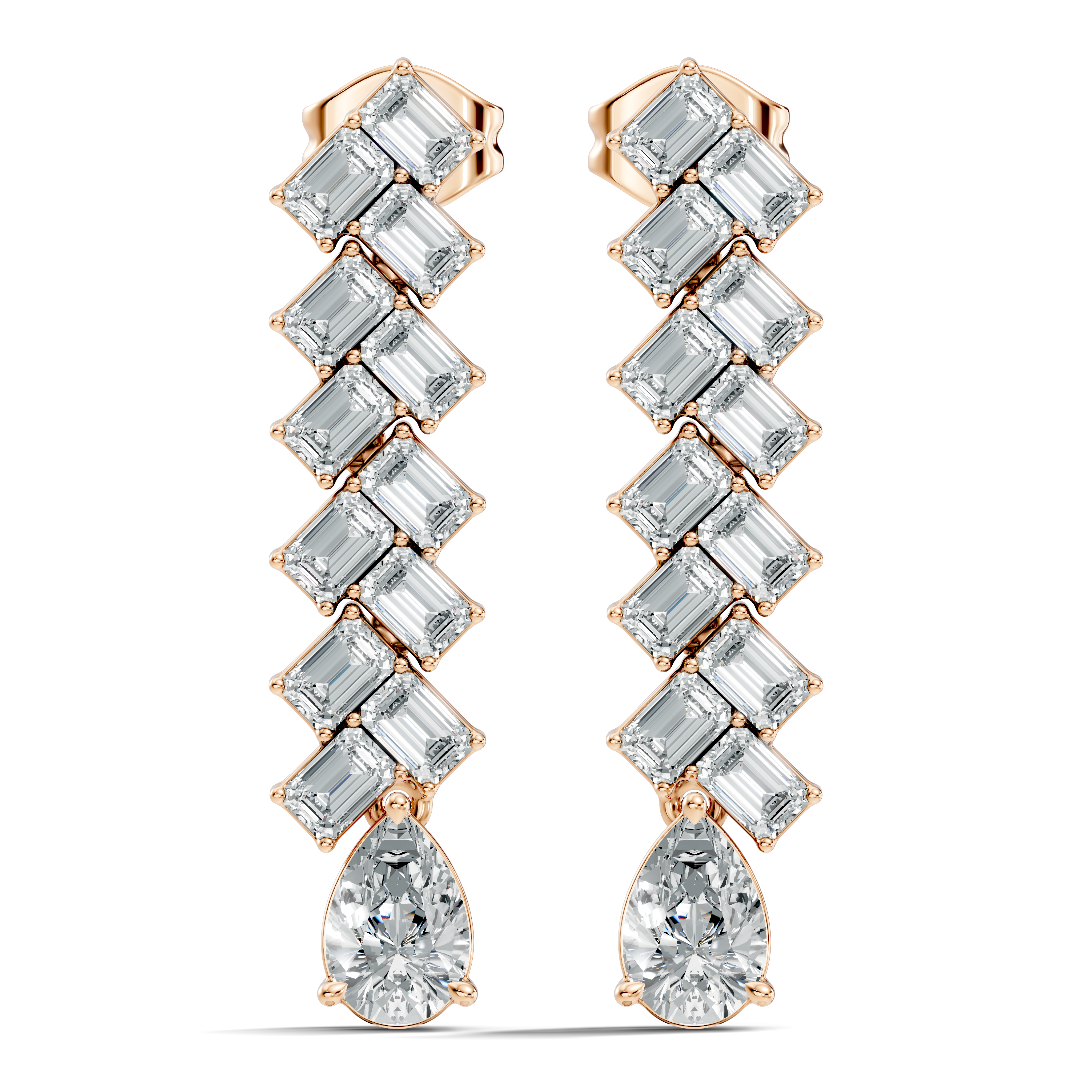 Emerald Cut Zig-Zag Column & Pear Drop Diamond Earrings