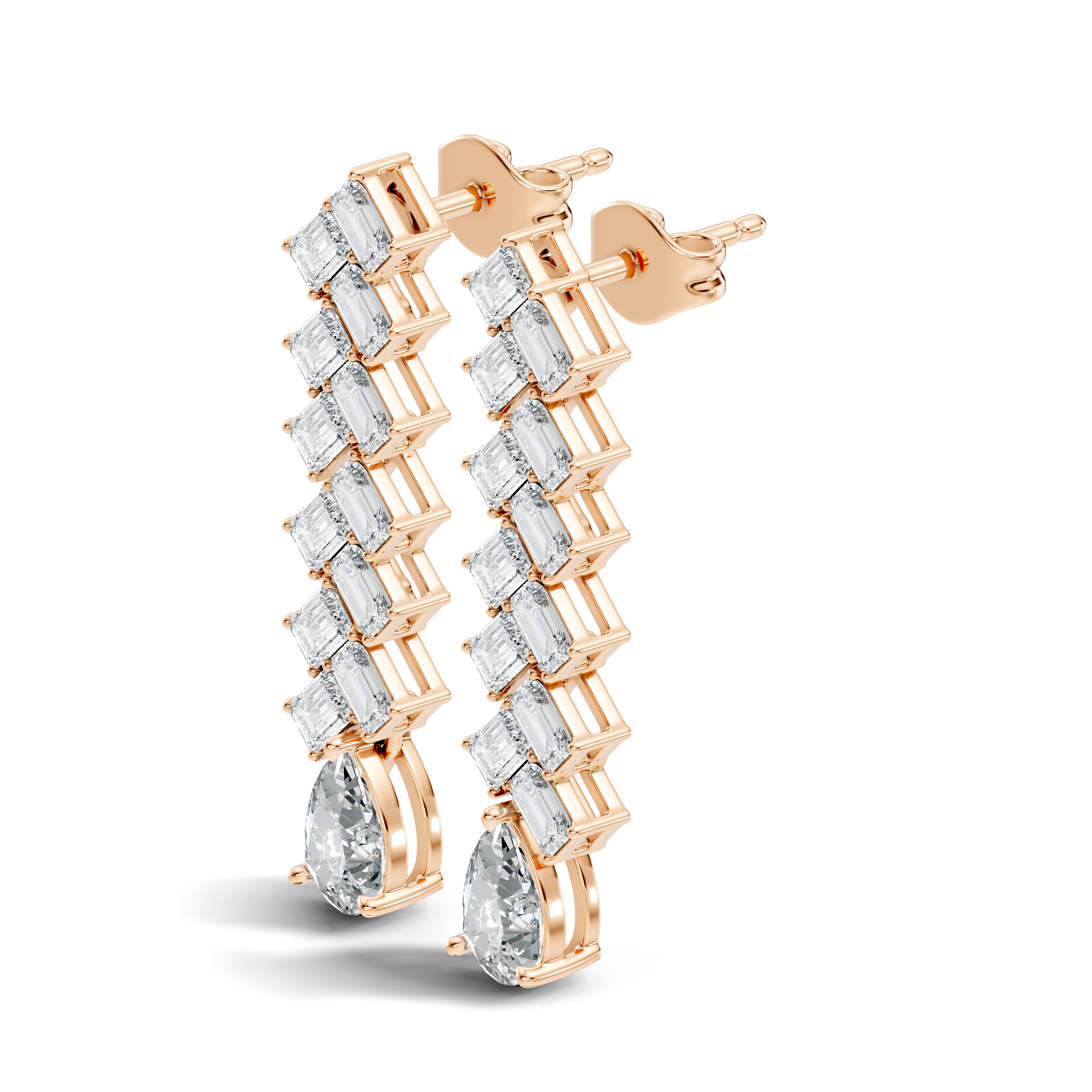 Emerald Cut Zig-Zag Column & Pear Drop Diamond Earrings