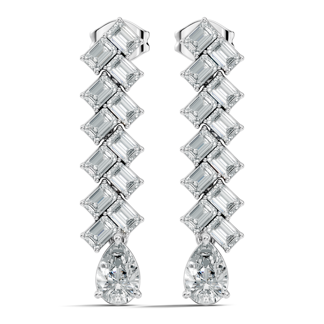 Emerald Cut Zig-Zag Column & Pear Drop Diamond Earrings