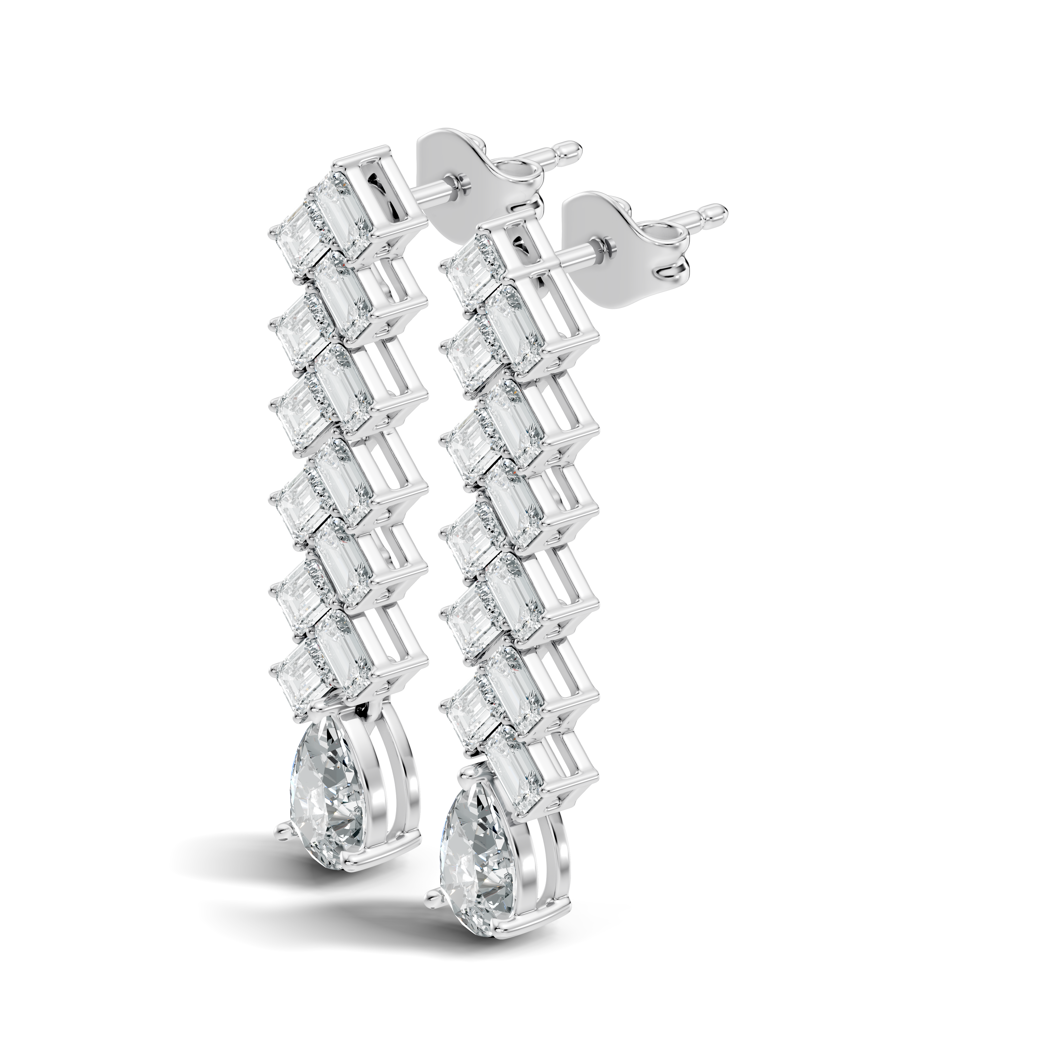 Emerald Cut Zig-Zag Column & Pear Drop Diamond Earrings