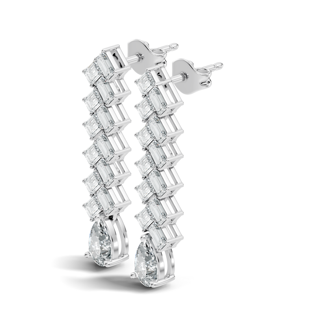 Emerald Cut Zig-Zag Column & Pear Drop Diamond Earrings